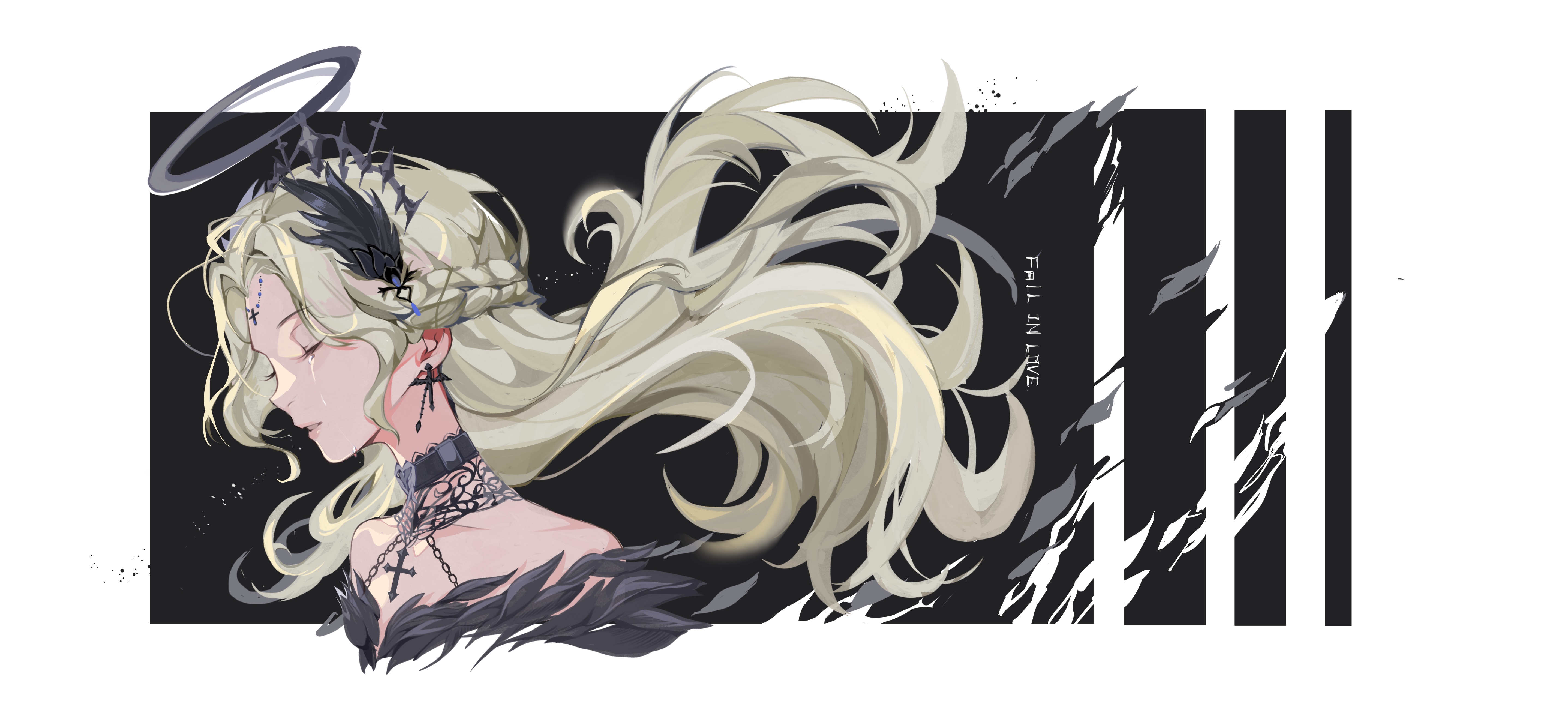 nikki (series), shining nikki, absurdres, commentary request, highres, 1girl, a ghost (dission), angel, bare shoulders, black background, black choker, black collar, black dress, black halo, blonde hair, border, braid, chain, choker, closed eyes, collar, cropped torso, cross, cross choker, cross earrings, crying, dissolving, dress, dustless feathers (shining nikki), earrings, english text, feather-trimmed dress, half up half down braid, halo, jewelry, lace-trimmed choker, lace collar, lace trim, light particles, lips, long hair, off-shoulder dress, off shoulder, outside border, parted lips, pointy nose, sad, solo, streaming tears, tears, traditional halo, very long hair, white border