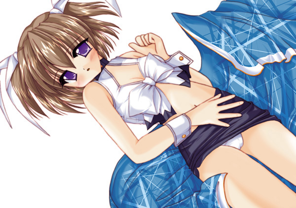 hashimoto takashi, aizawa tomomi, pia carrot (series), pia carrot e youkoso!! 3, 1girl, black skirt, blush, bow, breasts, brown hair, cleavage, female focus, hair ribbon, looking at viewer, lying, navel, open mouth, panties, pantyshot, purple eyes, ribbon, shirt, short hair, skirt, sleeveless, sleeveless shirt, small breasts, solo, towel, twintails, underwear, white background, white bow, white panties, white ribbon, white shirt, wrist cuffs