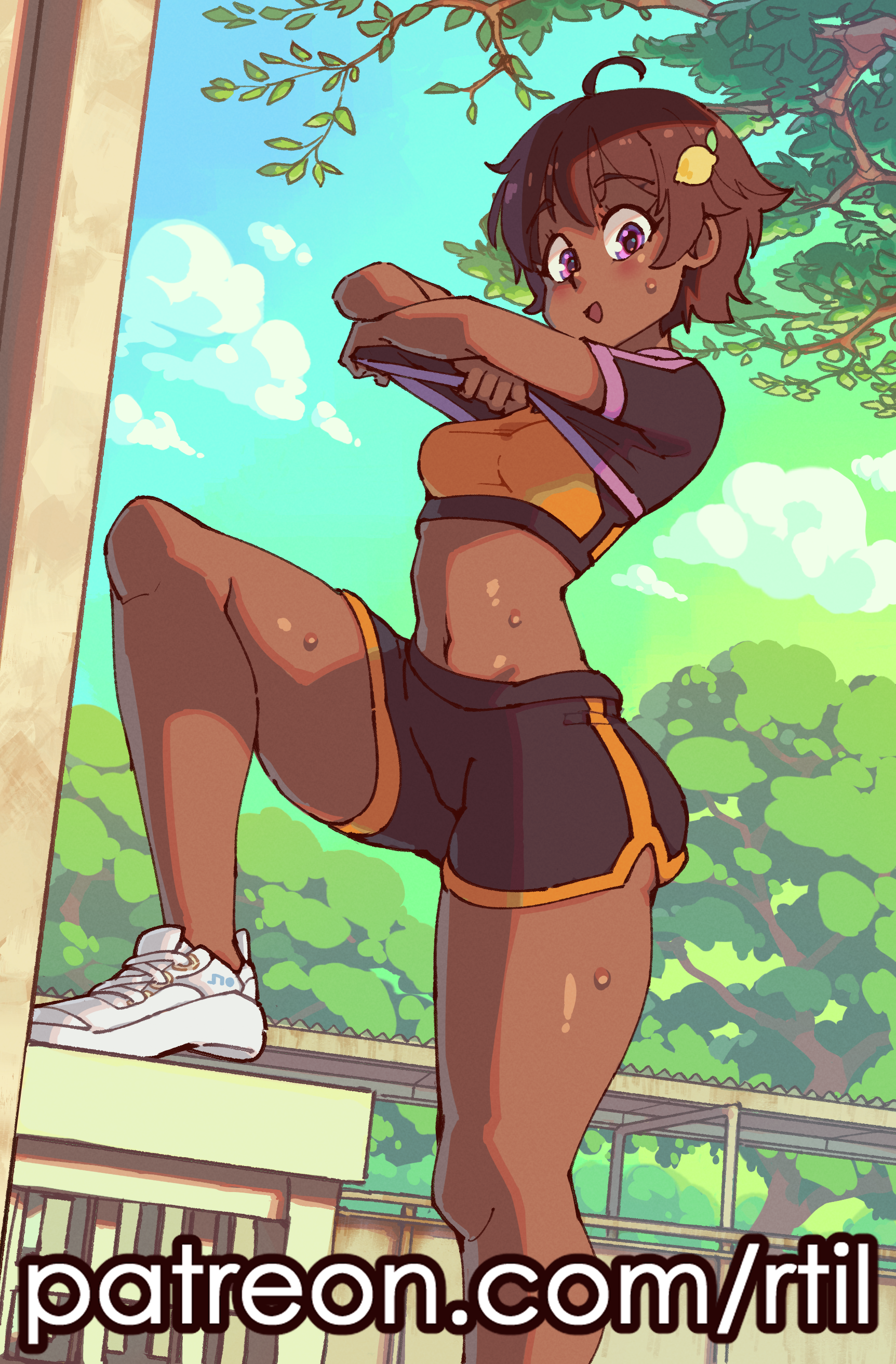 rtil, yakishio lemon, make heroine ga oo sugiru!, 1girl, ahoge, black shirt, black shorts, breasts, brown hair, clothes lift, cloud, day, from below, gradient sky, hair ornament, looking at viewer, medium breasts, midriff, navel, open mouth, outdoors, patreon username, purple eyes, shirt, shirt lift, shoes, short hair, short sleeves, shorts, sky, sneakers, solo, sports bra, sportswear, standing, sweat, tan, tree, white shoes