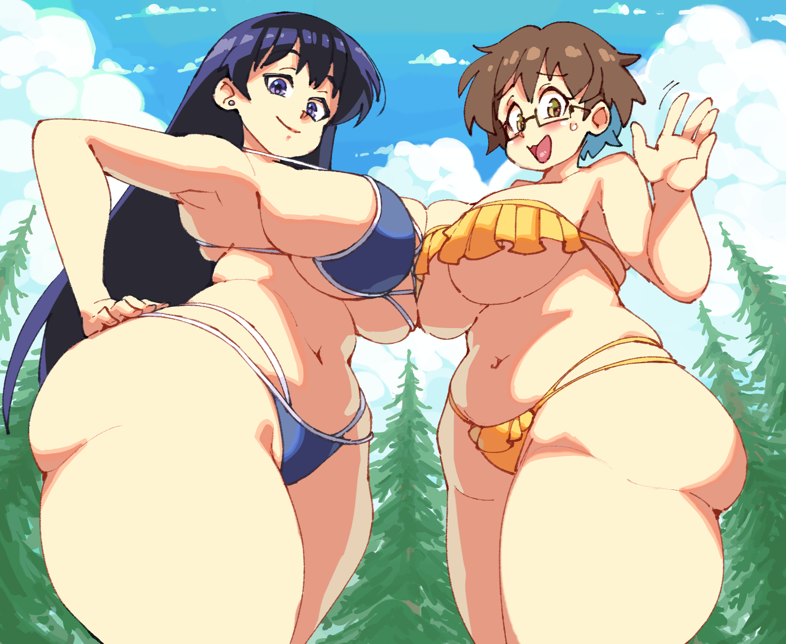 rtil, arato nagi, imari youko, ruri no houseki, 2girls, ass, bikini, black hair, blue bikini, blue eyes, blue sky, blush, breasts, brown eyes, brown hair, closed mouth, cloud, cowboy shot, curvy, day, forest, frilled bikini, frills, from below, glasses, hand on own hip, huge breasts, long hair, multiple girls, nature, navel, nervous smile, open mouth, outdoors, plump, short hair, sky, smile, standing, sweatdrop, swimsuit, thick thighs, thighs, tree, yellow bikini