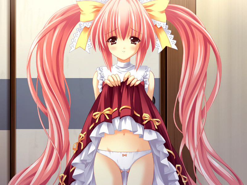 mayukura, hisazu croetine miwa, mahou hitotsu kudasai na, 1girl, blush, bow, bow panties, brown eyes, clothes lift, embarrassed, female focus, hair bow, long hair, looking at viewer, navel, panties, pink hair, red skirt, shirt, skirt, skirt lift, sleeveless, sleeveless shirt, solo, twintails, underwear, white panties, white shirt, yellow bow