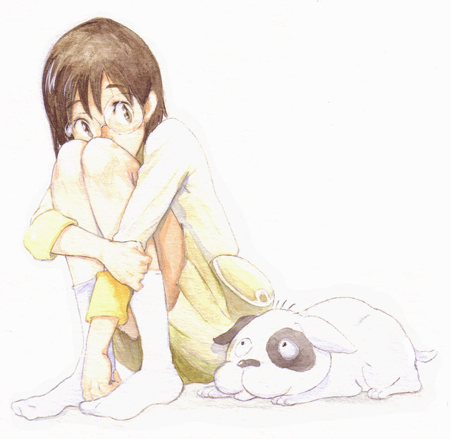 hirokazu, densuke (dennou coil), okonogi yuuko, dennou coil, traditional media, 00s, brown eyes, brown hair, dog, glasses, short hair, solo