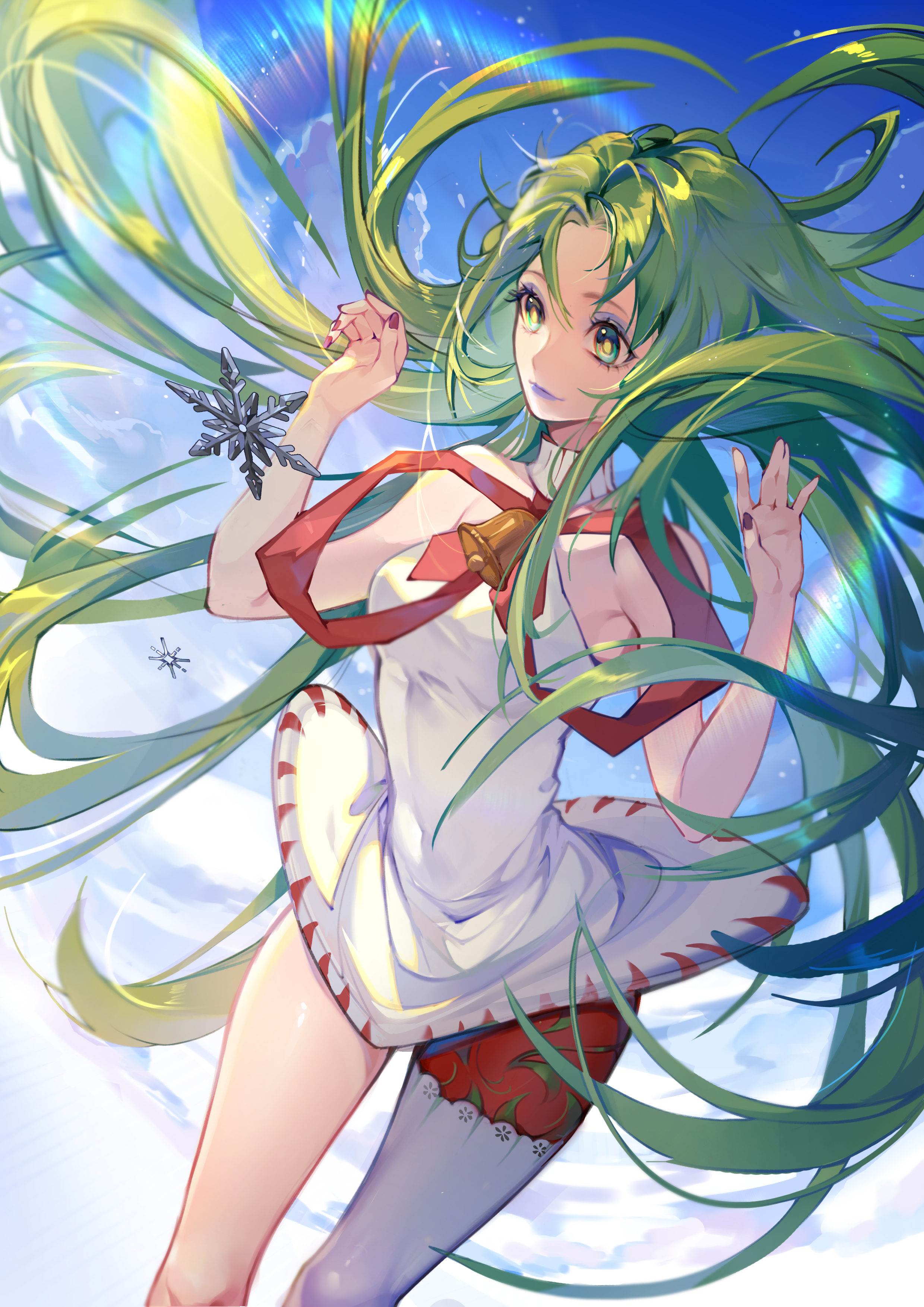 original, absurdres, commentary request, highres, 1girl, a ghost (dission), bare arms, bare shoulders, bell, blue eyeshadow, blue lips, blue sky, breasts, bright pupils, circle skirt, closed mouth, clothes lift, cloud, collared dress, day, dress, dress lift, eyeshadow, floating, floating clothes, floating hair, green eyes, green hair, halter dress, halterneck, knees, large ribbon, layered legwear, lens flare, light particles, lipstick, long hair, looking at object, makeup, medium breasts, nail polish, neck bell, neck ribbon, outdoors, pantyhose, parted bangs, red nails, red pantyhose, red ribbon, ribbon, short dress, single bare leg, single leg pantyhose, single thighhigh, sky, smile, snowflakes, solo, tareme, thighhighs, very long hair, white dress, white thighhighs, wind, wind lift, yellow pupils