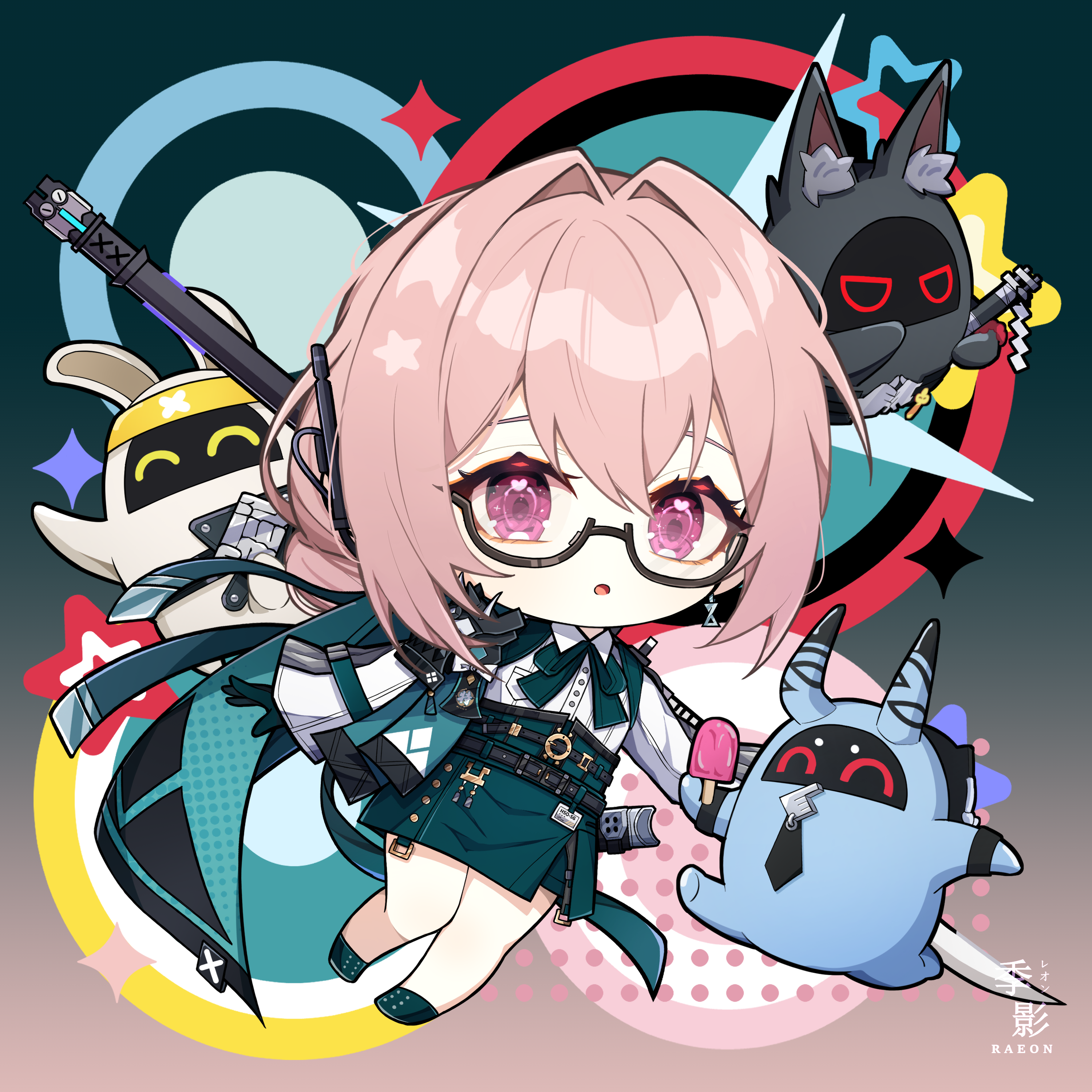 raxa9501, asaba harumasa, asaboo (zenless zone zero), bangboo 6 (zenless zone zero), hoshimi miyabi, miyaboo (zenless zone zero), tsukishiro yanagi, zenless zone zero, absurdres, highres, 1boy, 3girls, animal ears, black gloves, black skirt, breasts, glasses, gloves, hair between eyes, large breasts, long hair, looking at viewer, multiple girls, pink eyes, pink hair, shirt, sidelocks, skirt, smile, white shirt