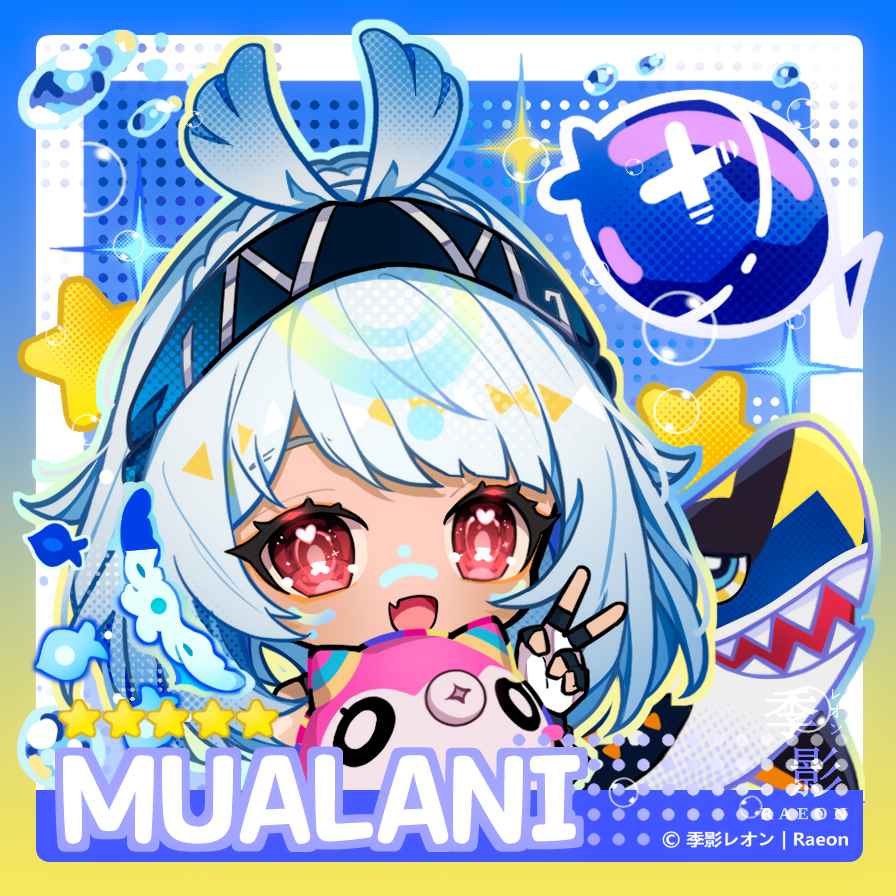 raxa9501, mualani (genshin impact), genshin impact, 1girl, bare shoulders, blue hair, blue hairband, blush, braid, chibi, dark skin, fingerless gloves, gloves, hairband, long hair, looking at viewer, open mouth, red eyes, smile, solo, v, white hair
