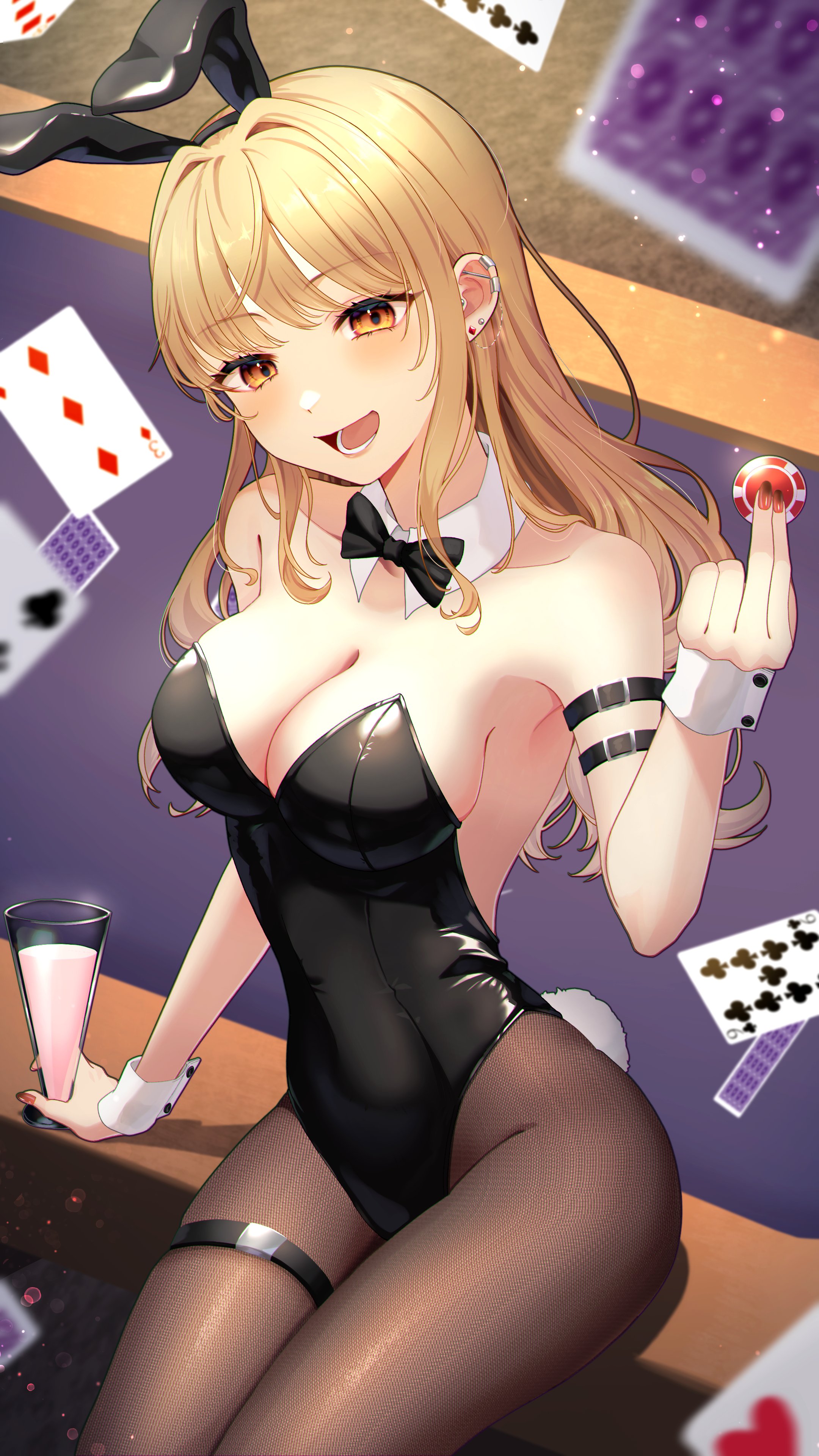 amanegi toro, original, absurdres, highres, 1girl, animal ears, bare shoulders, black bow, black bowtie, black hairband, black leotard, black pantyhose, blonde hair, blush, bow, bowtie, breasts, brown pantyhose, card, collar, cup, earrings, fake animal ears, fake tail, glass, hairband, holding, jewelry, leotard, lower teeth only, medium breasts, open mouth, pantyhose, playboy bunny, poker chip, poker table, rabbit ears, rabbit tail, solo, strapless, strapless leotard, table, tail, teeth, thigh strap, white collar, white wrist cuffs, wrist cuffs, yellow eyes