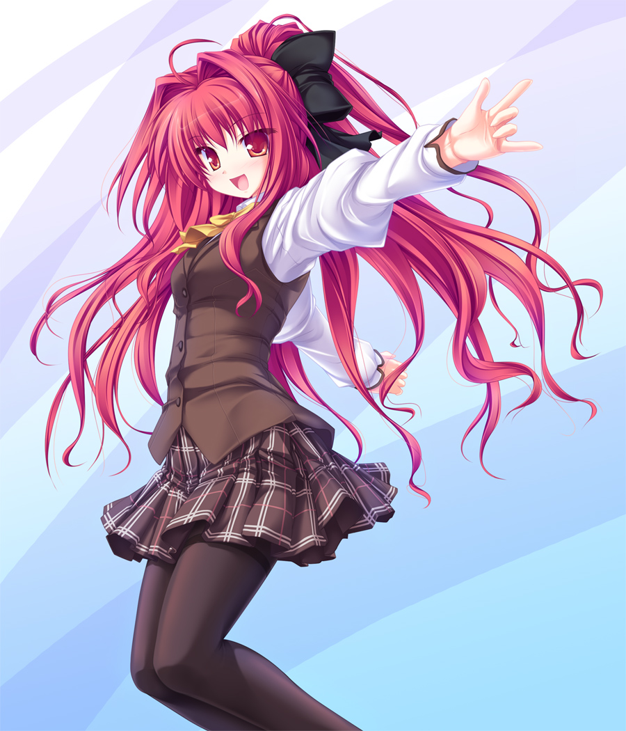 tenmaso, corticarte apa lagranges, shinkyoku soukai polyphonica, 00s, 1girl, :d, black pantyhose, blush, bow, female focus, flat chest, hair intakes, hair ornament, hair ribbon, jumping, laughing, long hair, long sleeves, miniskirt, open mouth, outstretched arms, pantyhose, pink eyes, pink hair, plaid clothes, plaid skirt, pleated skirt, ponytail, red hair, ribbon, school uniform, serafuku, skirt, smile, solo, spread arms, thighband pantyhose, very long hair, vest
