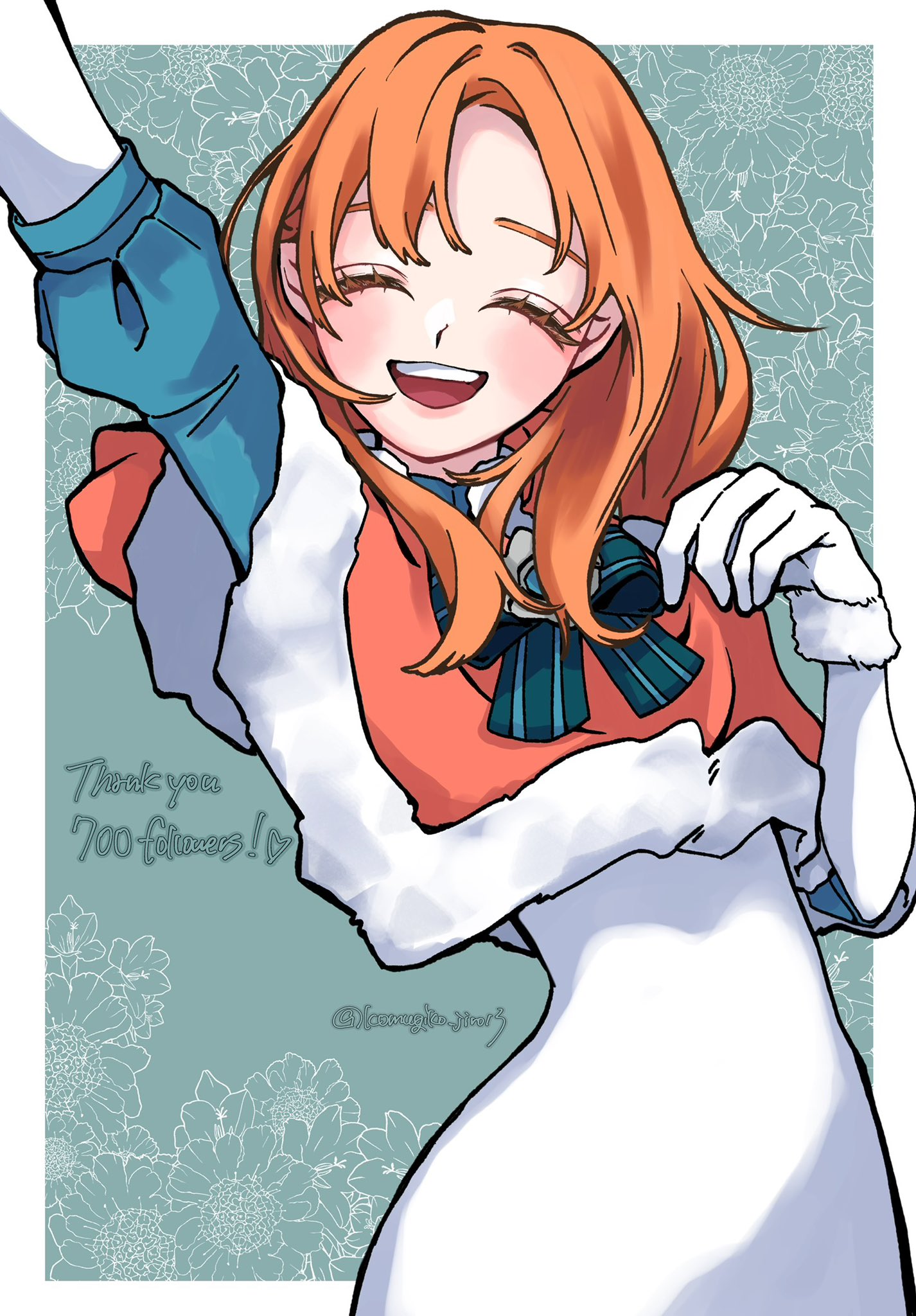 komugiko jiro13, annette fantine dominic, annette fantine dominic (timeskip), fire emblem, fire emblem: three houses, nintendo, highres, 1girl, capelet, closed mouth, facial hair, fur-trimmed capelet, fur trim, gloves, long hair, open mouth, orange capelet, orange hair, white gloves