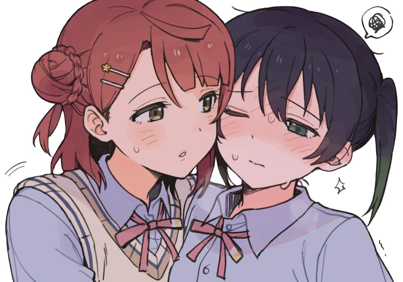 meobbab2, takasaki yu, uehara ayumu, love live!, love live! nijigasaki high school idol club, commentary, symbol-only commentary, 2girls, black hair, blue eyes, blush, cheek-to-cheek, collared shirt, gradient hair, green eyes, green streaks, hair bun, heads together, multicolored hair, multiple girls, nijigasaki school uniform, orange hair, parted lips, purple shirt, school uniform, shirt, simple background, single side bun, spoken squiggle, squiggle, sweat, sweater vest, twintails, upper body, white background, white sweater vest, yuri
