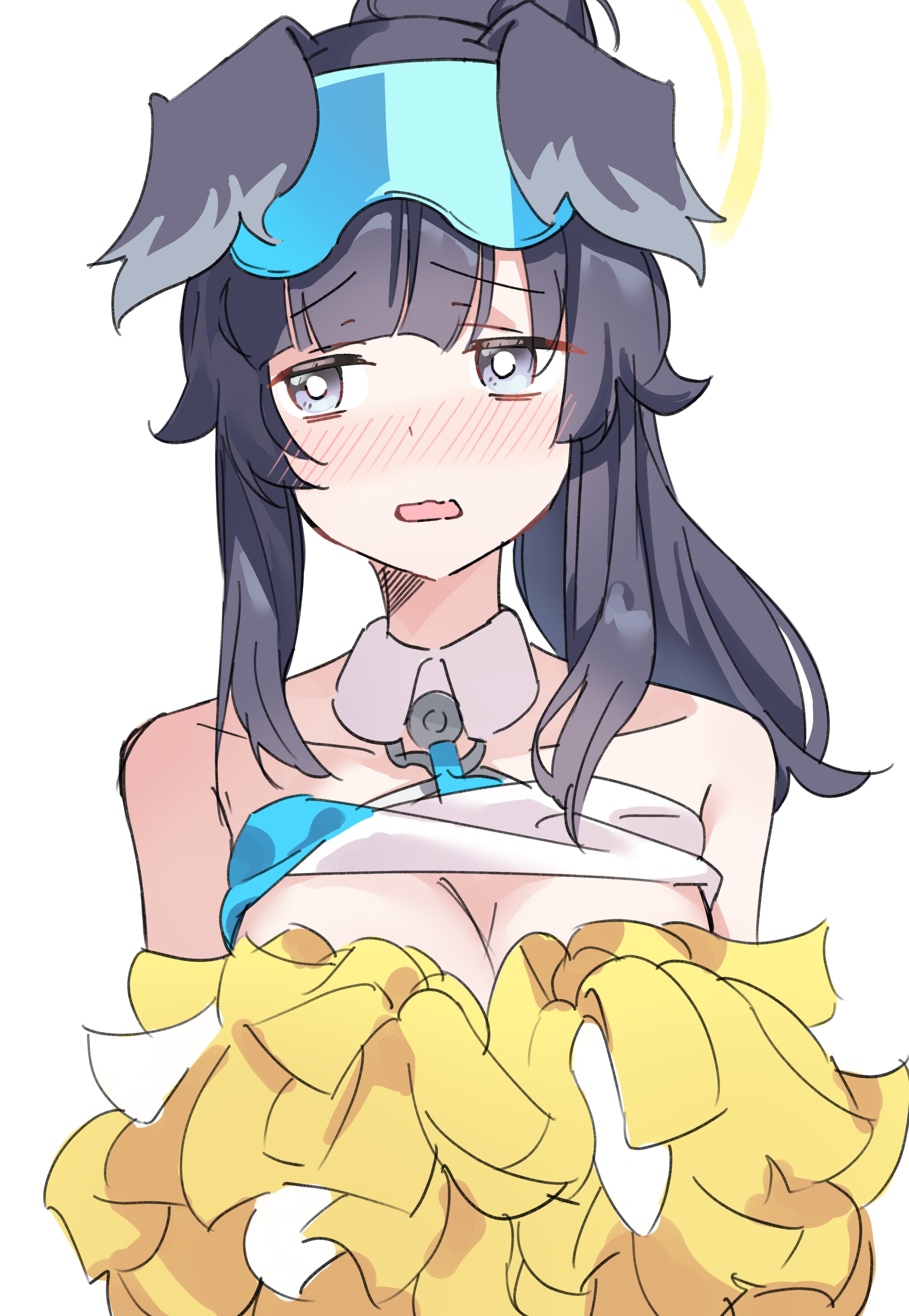 comorebi, hibiki (blue archive), hibiki (cheer squad) (blue archive), blue archive, absurdres, highres, 1girl, animal ears, bare shoulders, black hair, blush, breasts, cheerleader, cleavage, covering breasts, covering privates, dog ears, dog girl, embarrassed, eyewear on head, goggles, goggles on head, halo, holding, holding pom poms, long hair, medium breasts, millennium cheerleader outfit (blue archive), official alternate costume, open mouth, pom pom (cheerleading), pom poms, ponytail, simple background, solo, upper body, wavy mouth, white background, yellow halo