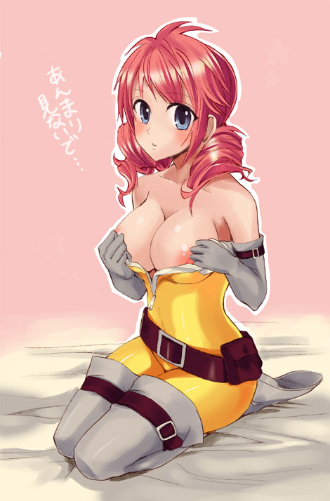 otabe sakura, feldt grace, gundam, gundam 00, translation request, 00s, 1girl, belt, belt skirt, blue eyes, blush, breasts, cleavage, female focus, large breasts, long hair, nipples, open clothes, open shirt, red hair, seiza, shirt, sitting, solo, spandex, thigh strap, thighhighs, unzipped, zipper