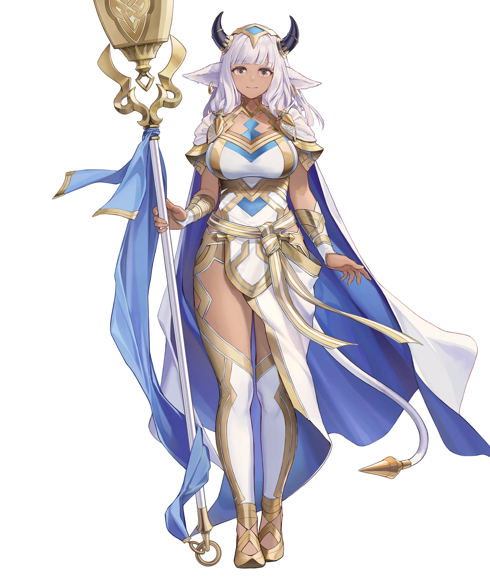 ash (fire emblem), fire emblem, fire emblem heroes, nintendo, highres, non-web source, official art, 1girl, animal ears, blue cape, breasts, cape, capelet, cow ears, cow girl, cow horns, cow tail, dark-skinned female, dark skin, gold trim, holding, holding staff, horns, large breasts, looking at viewer, official alternate costume, smile, solo, staff, tachi-e, tail, two-sided cape, two-sided fabric, white capelet, white hair, yellow eyes