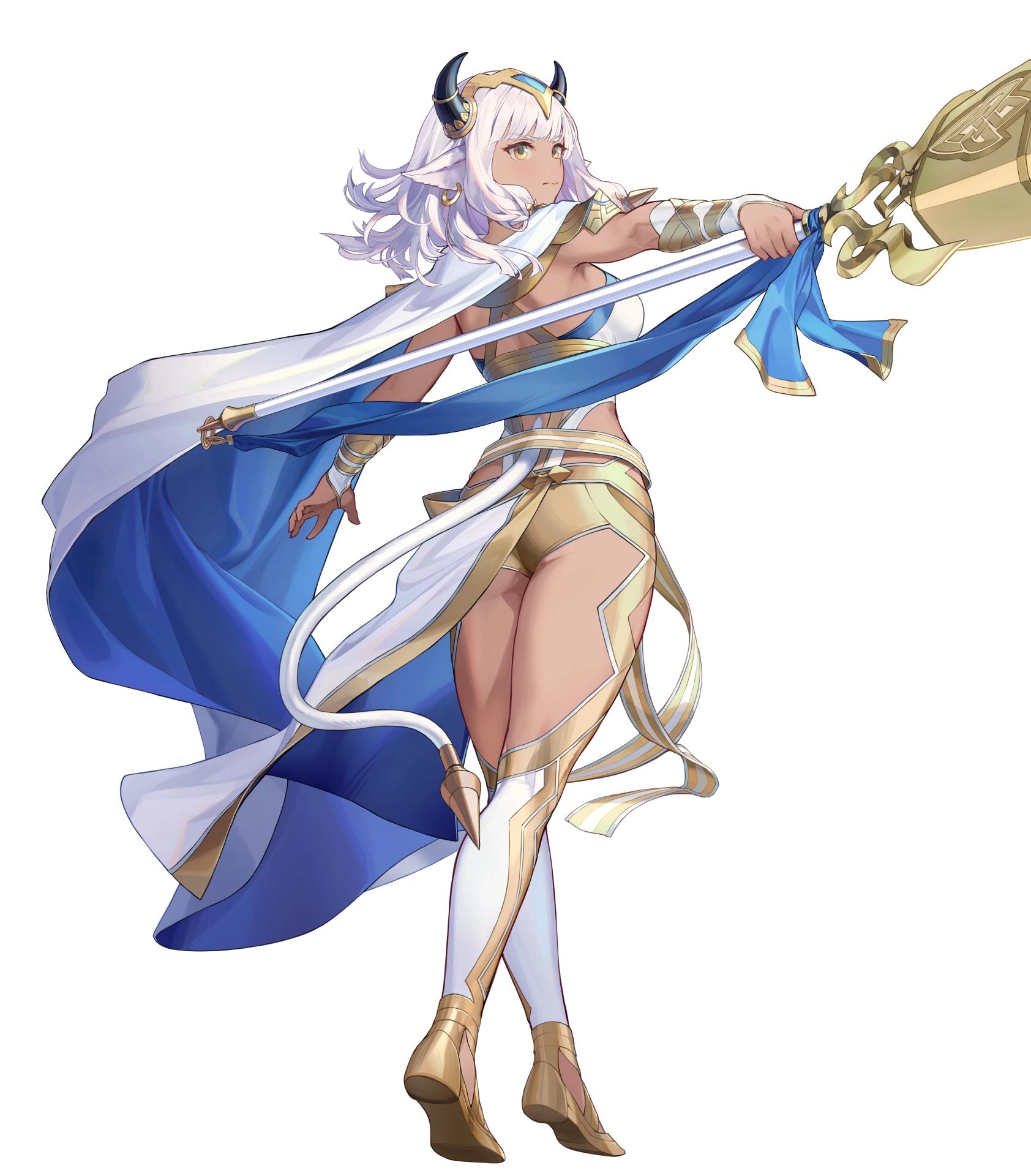 ash (fire emblem), fire emblem, fire emblem heroes, nintendo, highres, non-web source, official art, 1girl, animal ears, ass, attack, blue cape, breasts, cape, capelet, cow ears, cow girl, cow horns, cow tail, dark-skinned female, dark skin, gold trim, holding, holding staff, horns, large breasts, official alternate costume, solo, staff, tail, two-sided cape, two-sided fabric, white capelet, white hair, yellow eyes