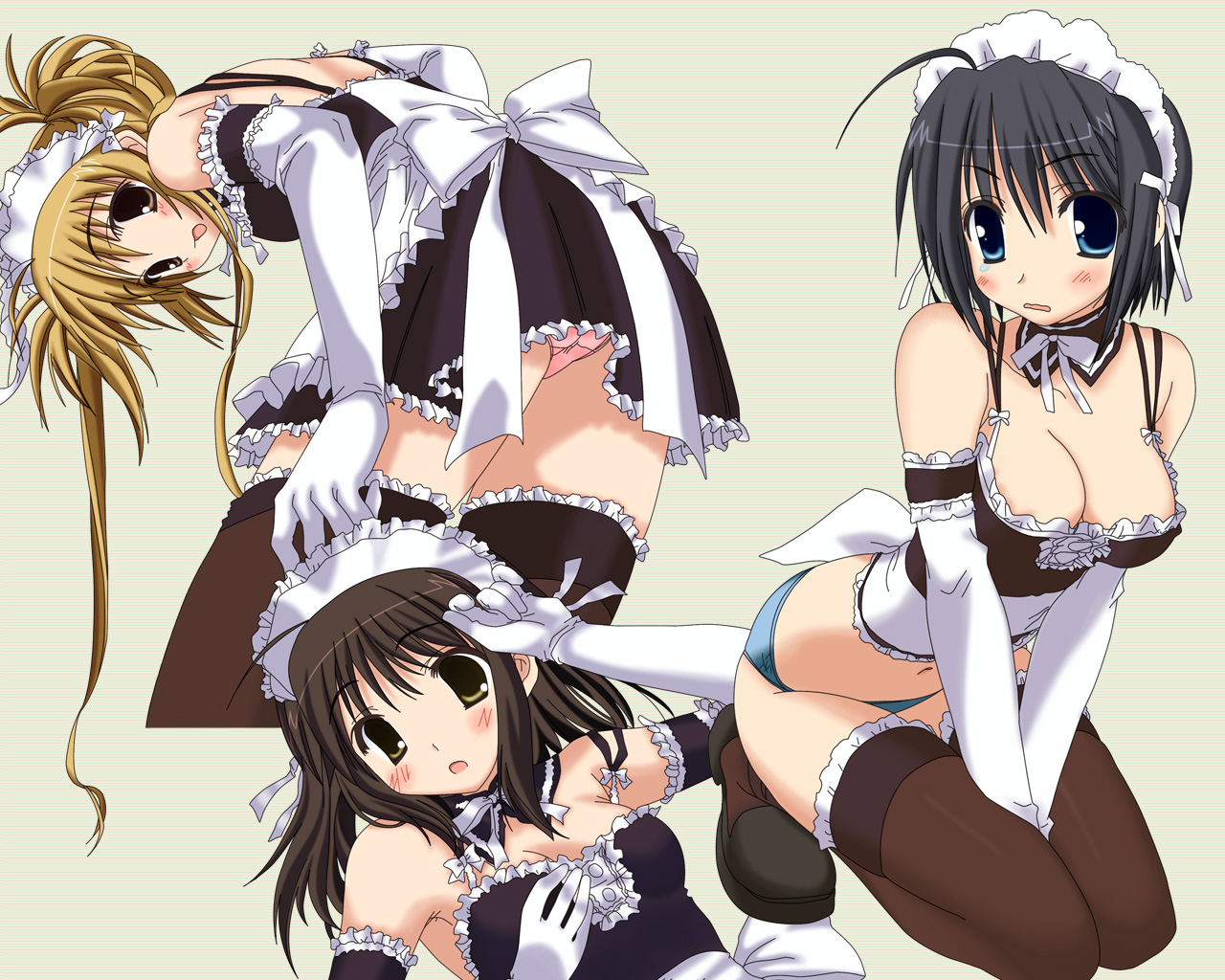 kurauchi anna, sawatari izumi, sawatari mitsuki, kore ga watashi no goshujin-sama, brown legwear, frilled legwear, artist request, 00s, 3girls, adjusting clothes, adjusting legwear, ahoge, apron, arms between legs, ass, bare shoulders, black hair, blush, breasts, cleavage, cropped legs, detached collar, elbow gloves, facing viewer, female focus, full body, garter straps, gloves, kneeling, leaning forward, long hair, looking at viewer, looking back, maid, maid headdress, medium breasts, midriff, multiple girls, nakabayashi yoshitaka's maid uniform, navel, no bra, no pants, panties, panty peek, pink panties, short hair, standing, thighhighs, twintails, underwear, waist apron, white apron, white gloves