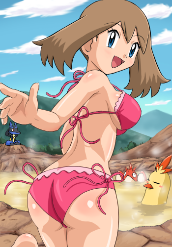 pokemoa, combusken, corphish, lucario, may (pokemon), nintendo, pokemon, pokemon: lucario and the mystery of mew, pokemon (anime), pokemon rse (anime), lowres, 00s, 1girl, :d, alternate costume, ass, bikini, blue eyes, blush, breasts, brown hair, day, from behind, gen 3 pokemon, gen 4 pokemon, long hair, looking back, medium breasts, onsen, open mouth, pink bikini, pokemon (creature), sideboob, smile, swimsuit