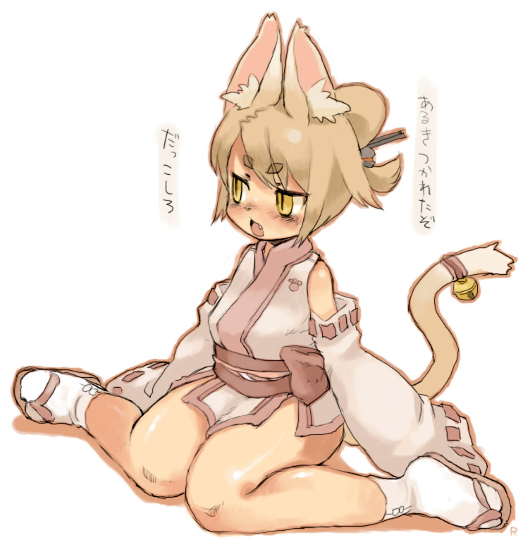 rikose, original, animal ears, bell, blush, cat ears, cat girl, cat tail, hikimayu, japanese clothes, short hair, solo, tail