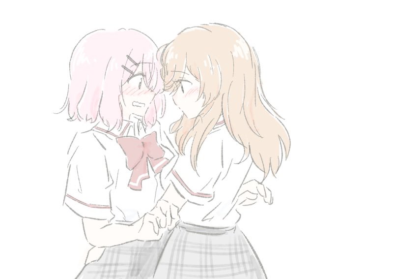 nick150iso, amaori renako, sena ajisai, watashi ga koibito ni nareru wake naijan murimuri!, commentary request, 2girls, blush, bow, bowtie, brown hair, collared shirt, eye contact, grey skirt, hand on another's waist, long hair, looking at another, medium hair, multiple girls, open mouth, pink hair, plaid clothes, plaid skirt, red bow, red bowtie, shirt, short sleeves, simple background, skirt, white background, white shirt, yuri
