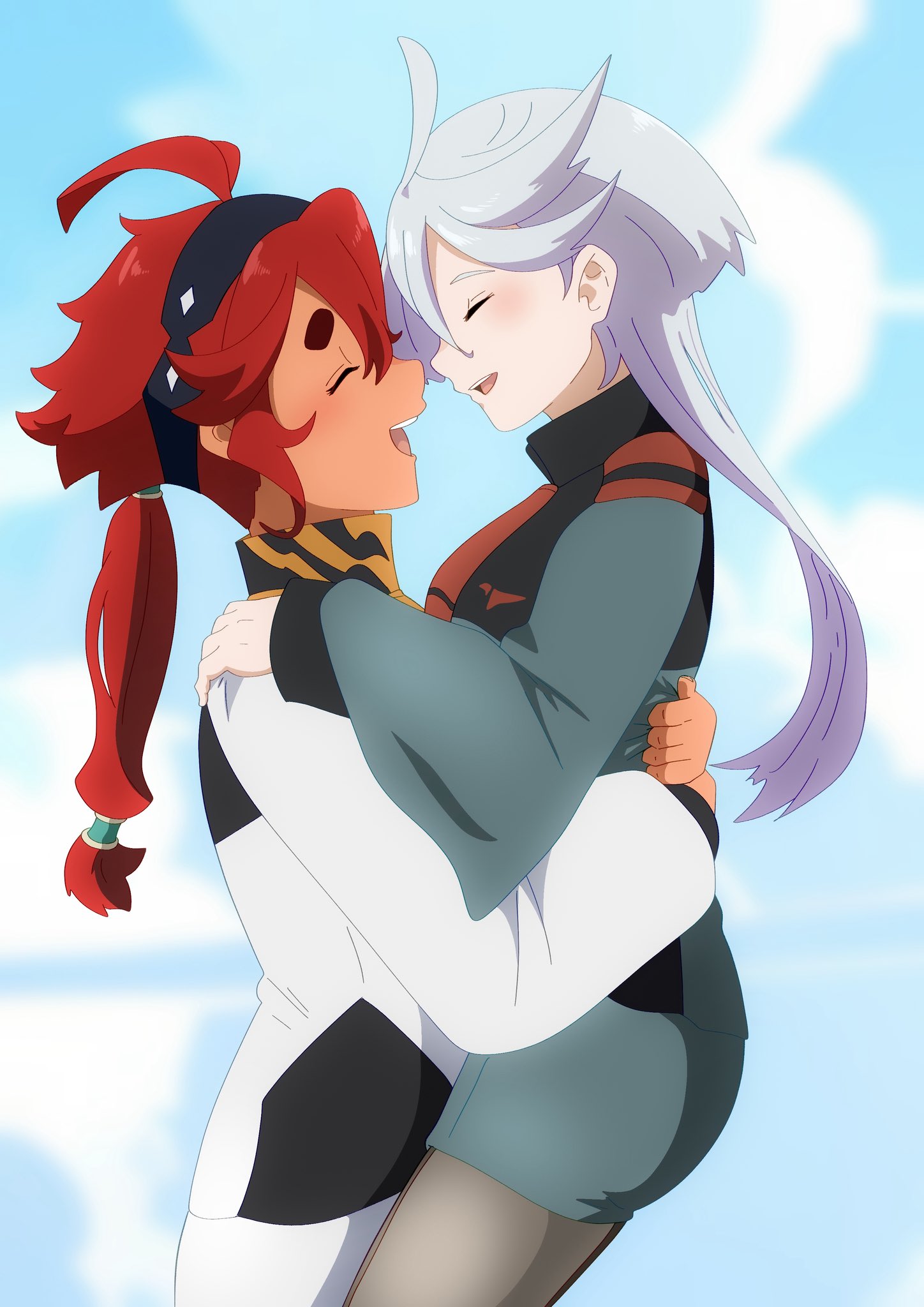 natu4687, miorine rembran, suletta mercury, gundam, gundam suisei no majo, commentary request, highres, 2girls, asticassia school uniform, black hairband, black pantyhose, blue sky, closed eyes, day, green jacket, hairband, hand on another's shoulder, jacket, long hair, multiple girls, outdoors, pantyhose, ponytail, red hair, school uniform, sky, smile, white hair, white jacket, yuri