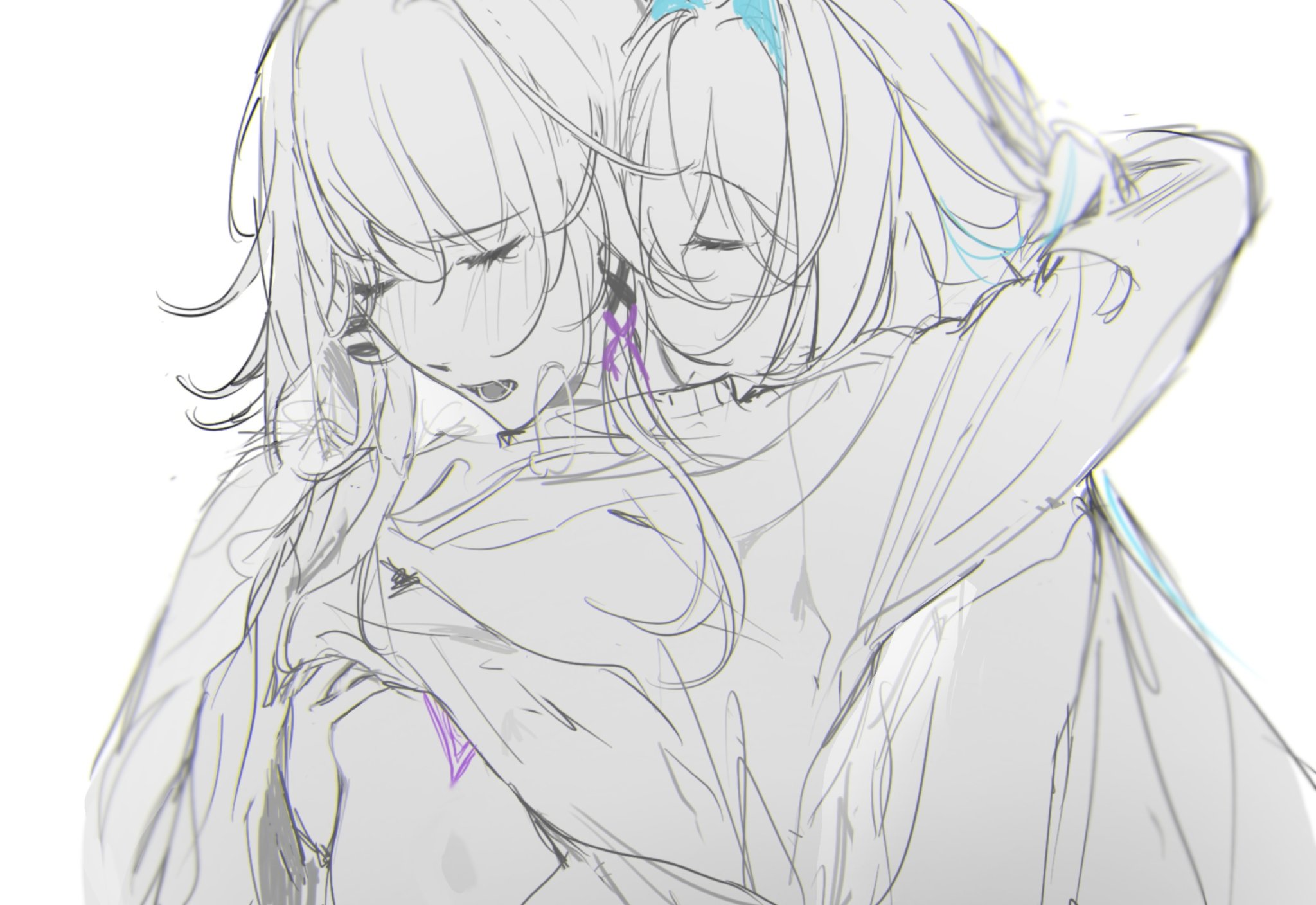 1nuyaki, herta (honkai: star rail), ruan mei (honkai: star rail), the herta (honkai: star rail), honkai: star rail, honkai (series), highres, 2girls, blush, closed eyes, clothes lift, grabbing another's breast, grabbing from behind, greyscale, groping, kiss, kissing neck, long sleeves, monochrome, multiple girls, open mouth, shirt lift, spot color, sweat, yuri