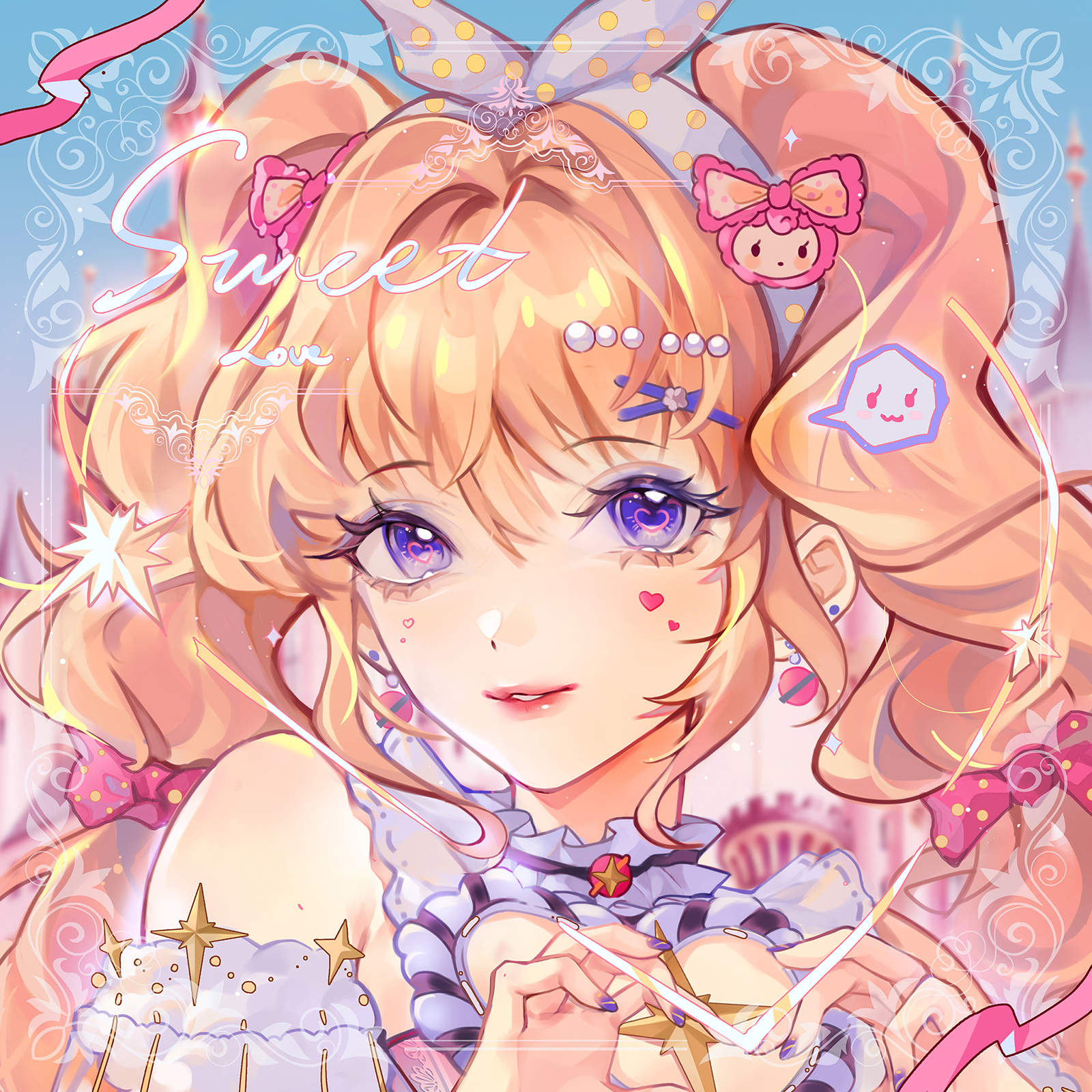 original, commission, highres, 1girl, :3, a ghost (dission), bare shoulders, beads, black choker, blonde hair, blue sky, bow, bow hairband, brooch, castle, character hair ornament, choker, cleavage cutout, clothing cutout, day, detached sleeves, dress, earrings, english text, eyelashes, eyeshadow, facial tattoo, frilled choker, frilled shirt, frilled sleeves, frills, grey bow, grey hairband, hair beads, hair between eyes, hair bow, hair intakes, hair ornament, hairband, hairclip, heart, heart cutout, heart hands, heart in eye, heart tattoo, jewelry, light blush, light particles, lipstick, long hair, makeup, multiple hair bows, outdoors, parted lips, picture frame, pink bow, pink lips, pink shirt, planet earrings, polka dot, polka dot bow, polka dot hairband, purple eyes, purple eyeshadow, shirt, short sleeves, sky, sleeveless, sleeveless dress, smile, solo, speech bubble, spoken expression, star (symbol), star brooch, star choker, symbol in eye, tattoo, twintails, upper body, wavy hair, white sleeves, x hair ornament