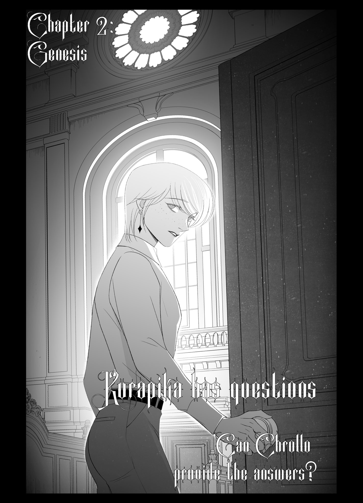 kurapika, hunter x hunter, highres, 1boy, 63roku63, alternate universe, androgynous, church, greyscale, indoors, male focus, monochrome, parted lips, solo, upper body