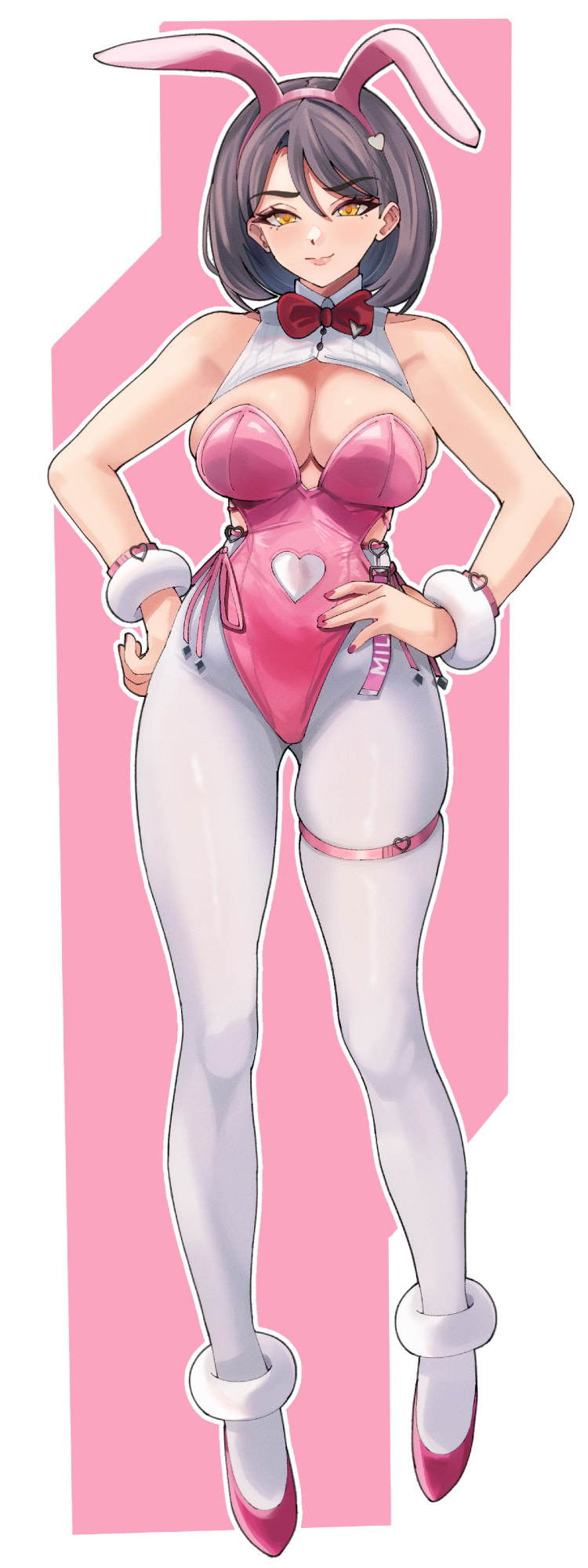 oro (aaaoro), milk (blooming bunny) (nikke), milk (nikke), goddess of victory: nikke, highres, 1girl, animal ears, black hair, blush, bow, bowtie, breasts, cleavage, fake animal ears, hand on own hip, large breasts, leotard, looking at viewer, official alternate costume, pantyhose, pink bow, pink leotard, playboy bunny, rabbit ears, short hair, skindentation, solo, standing, thigh strap, undersized breast cup, white pantyhose, yellow eyes