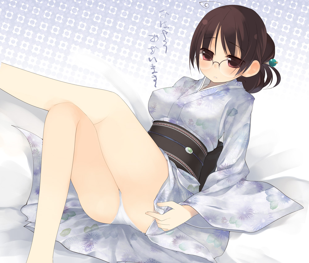 kashiwamochi yomogi, arima senne, original, translated, ahoge, blush, breasts, glasses, japanese clothes, kimono, panties, short hair, solo, underwear, yukata
