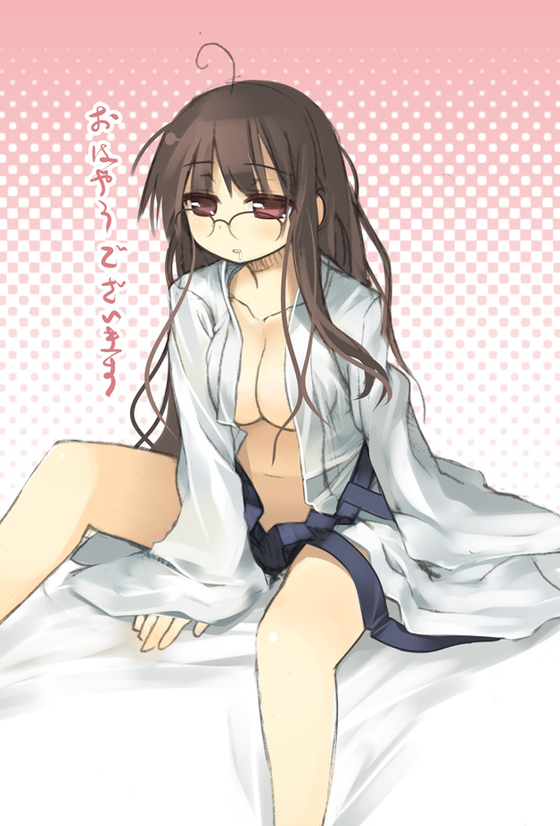 kashiwamochi yomogi, arima senne, original, 1girl, ahoge, blush, breasts, drooling, female focus, glasses, large breasts, long hair, messy hair, midriff, no bra, open clothes, open shirt, shirt, sleepy, solo