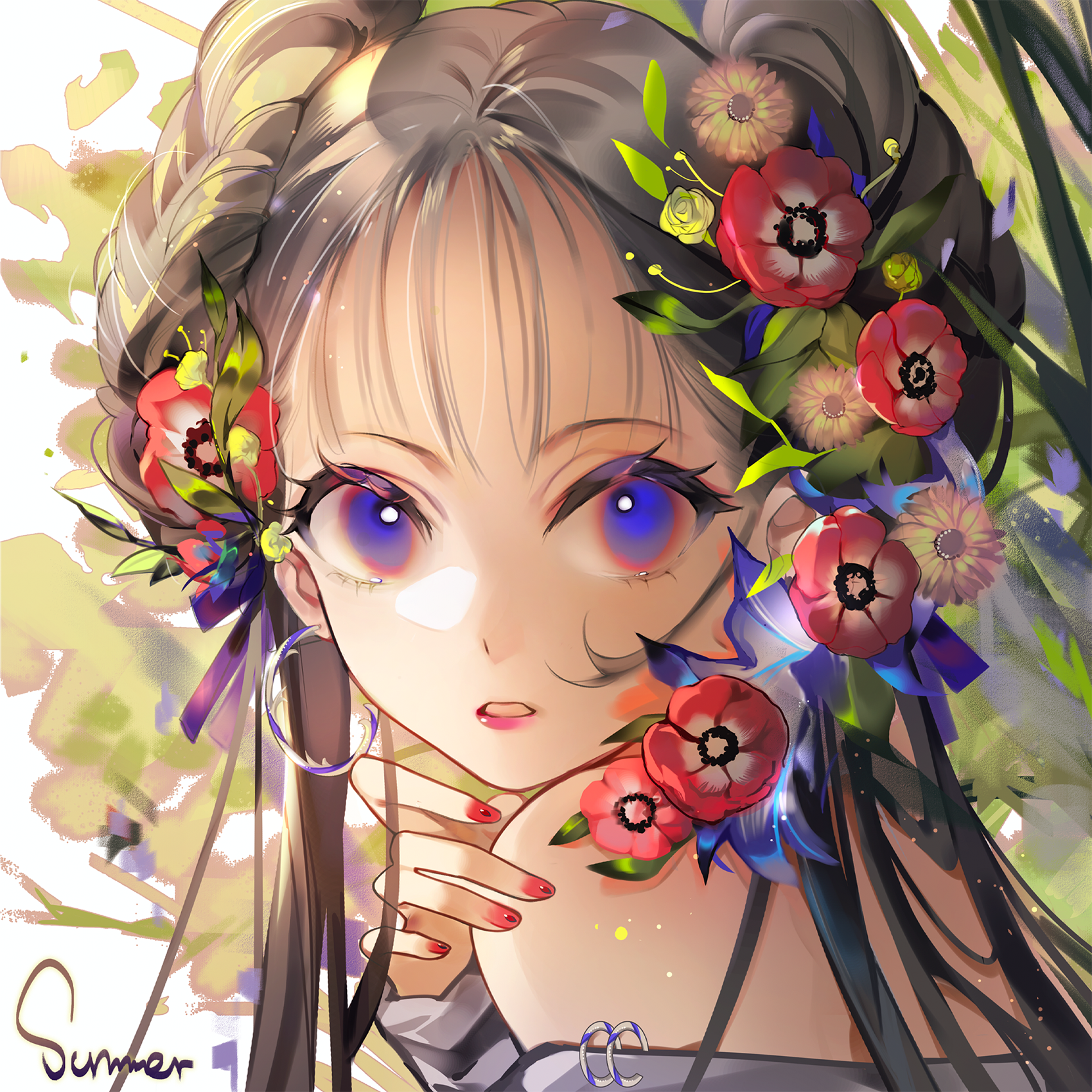 original, commentary request, commission, highres, 1girl, a ghost (dission), annoyed, black hair, blue bow, blue eyes, blue flower, bow, braid, braided bun, clenched teeth, day, denim, denim shorts, dot nose, double bun, earrings, english text, flower, hair bow, hair bun, hair flower, hair ornament, hand on own shoulder, hoop earrings, jewelry, leaf, light particles, lily (flower), lipstick, long hair, long sleeves, makeup, nail art, nail polish, off-shoulder shirt, off shoulder, outdoors, peony (flower), pink lips, red flower, red nails, shirt, shorts, solo, striped clothes, striped shirt, summer, teeth, tree, tsurime, upper body, white shirt, yellow flower