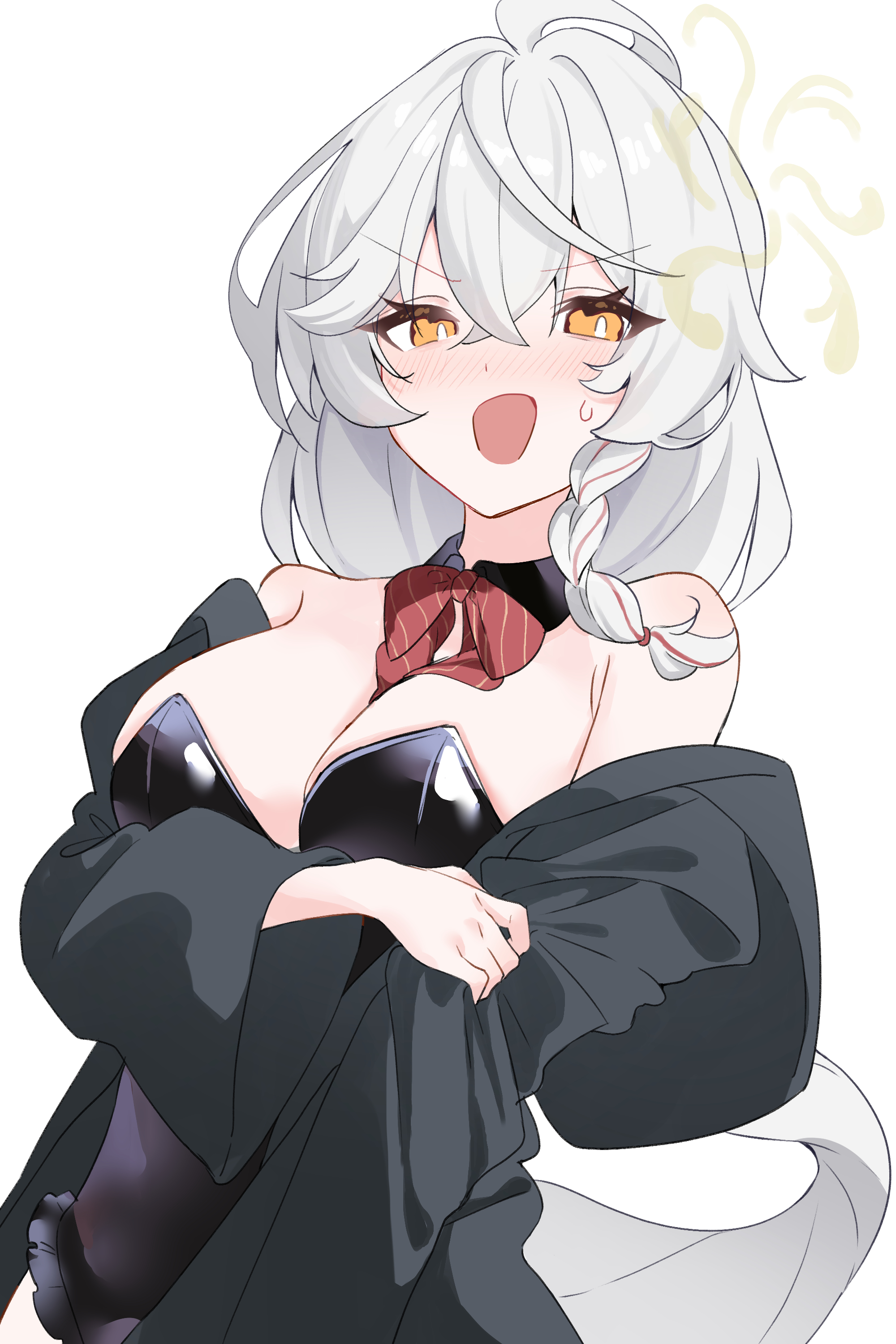 comorebi, eri (blue archive), blue archive, absurdres, highres, 1girl, ahoge, bare shoulders, black leotard, blush, bow, bowtie, braid, breasts, cleavage, detached collar, grey hair, hair between eyes, halo, jacket, large breasts, leotard, long hair, looking at viewer, open mouth, orange eyes, playboy bunny, red bow, red bowtie, simple background, single braid, solo, strapless, strapless leotard, white background, white hair, yellow eyes, yellow halo