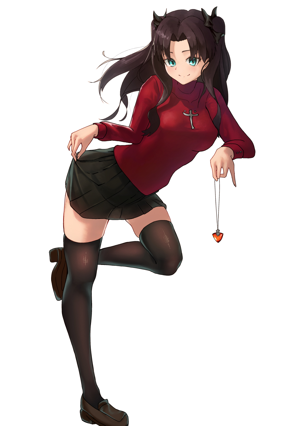 tohsaka rin, fate/stay night, fate (series), commentary request, highres, 1girl, akagi hiro, black hair, black skirt, black thighhighs, blue eyes, breasts, brown shoes, closed mouth, full body, holding pendant, jewelry, leaning to the side, long hair, medium breasts, miniskirt, pendant, red sweater, rin's pendant (fate), shoes, simple background, skirt, smile, solo, standing, standing on one leg, sweater, thighhighs, turtleneck, turtleneck sweater, two side up, very long hair, white background, zettai ryouiki