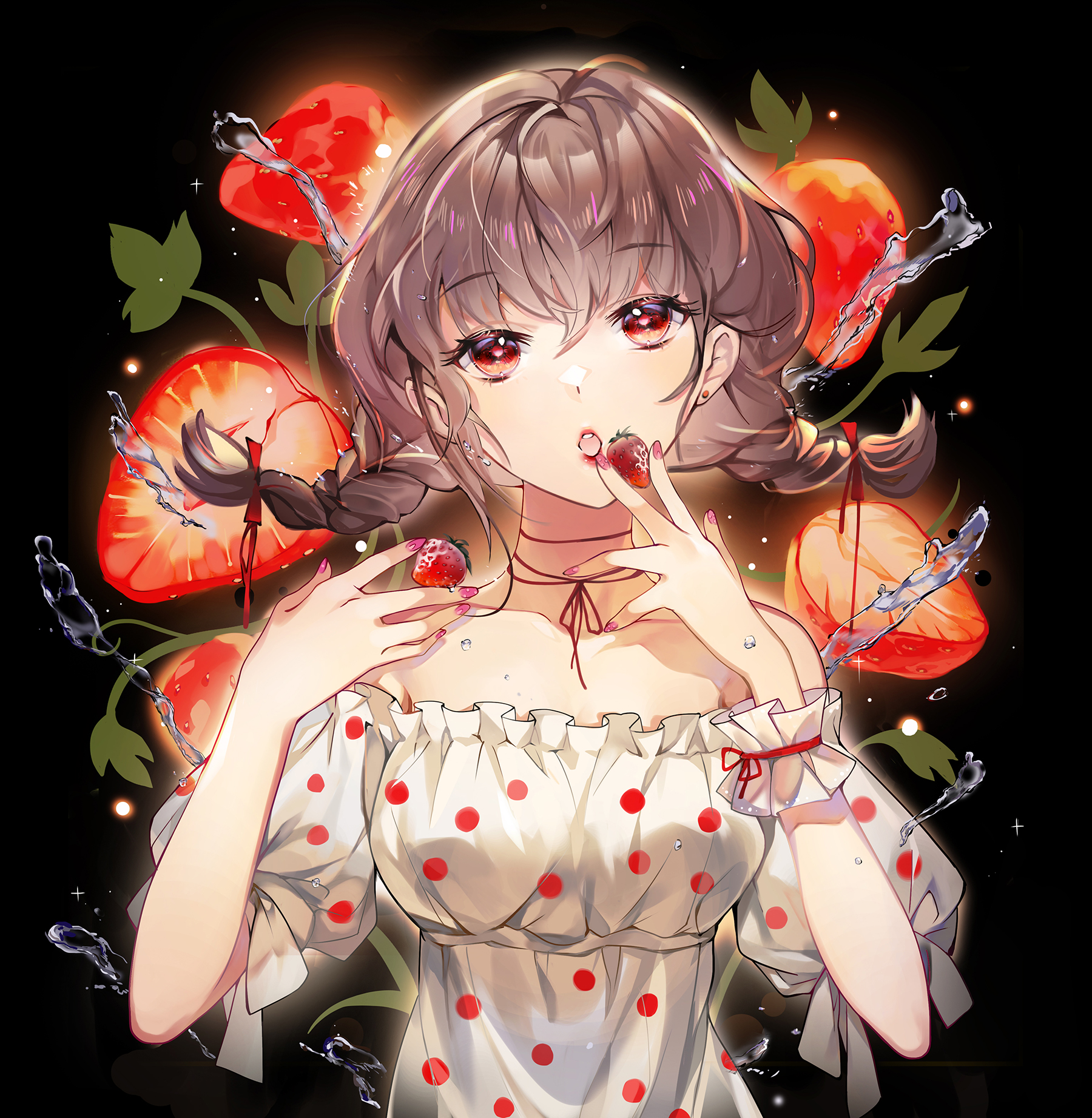 original, commentary request, commission, highres, 1girl, a ghost (dission), bare arms, bare shoulders, between fingers, black background, bow, braid, breasts, brown hair, cake, cleavage, collarbone, dress, earrings, eating, expressionless, eyelashes, floating hair, food, frilled dress, frills, fruit, glowing, hair between eyes, hair bow, holding, holding food, holding fruit, jewelry, light particles, lipstick, long hair, looking at viewer, loose hair strand, low twin braids, makeup, medium breasts, nail polish, neck ribbon, off-shoulder dress, off shoulder, pink nails, polka dot, polka dot dress, puffy short sleeves, puffy sleeves, red bow, red eyes, red lips, red ribbon, ribbon, short sleeves, sleeve bow, solo, straight-on, strawberry, strawberry shortcake, string around neck, stud earrings, tsurime, twin braids, upper body, water drop, white bow, white dress