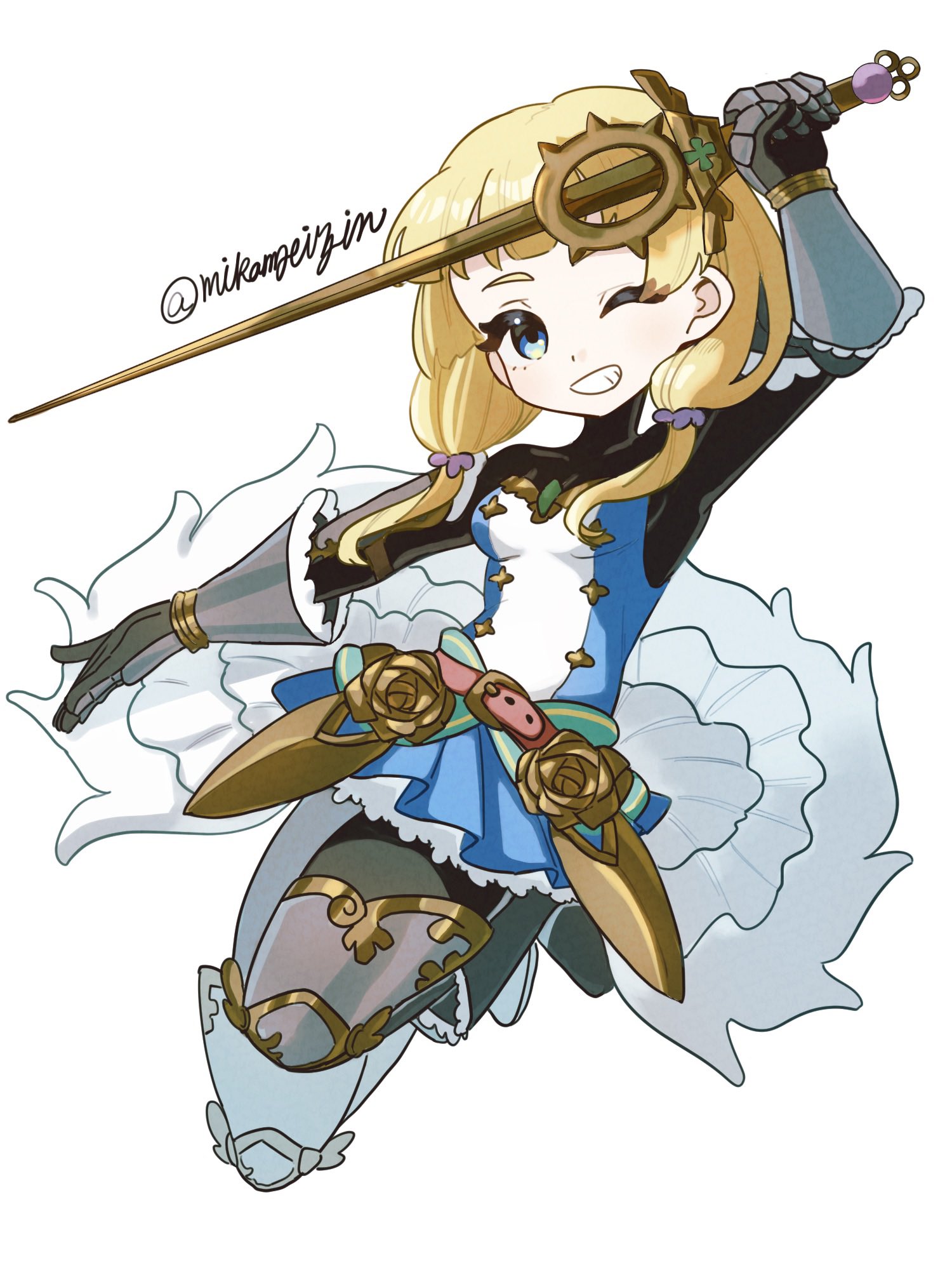 mikamseizin, fencer (sekaiju), fencer 2 (sekaiju), etrian odyssey, sekaiju no meikyuu, sekaiju no meikyuu 5, highres, arm up, armored boots, black bodysuit, blonde hair, blue dress, blue eyes, bodysuit, bodysuit under clothes, boots, breasts, dress, full body, gauntlets, grin, hair ornament, holding, holding sword, holding weapon, medium breasts, one eye closed, short dress, sidelocks, simple background, smile, sword, weapon, white background