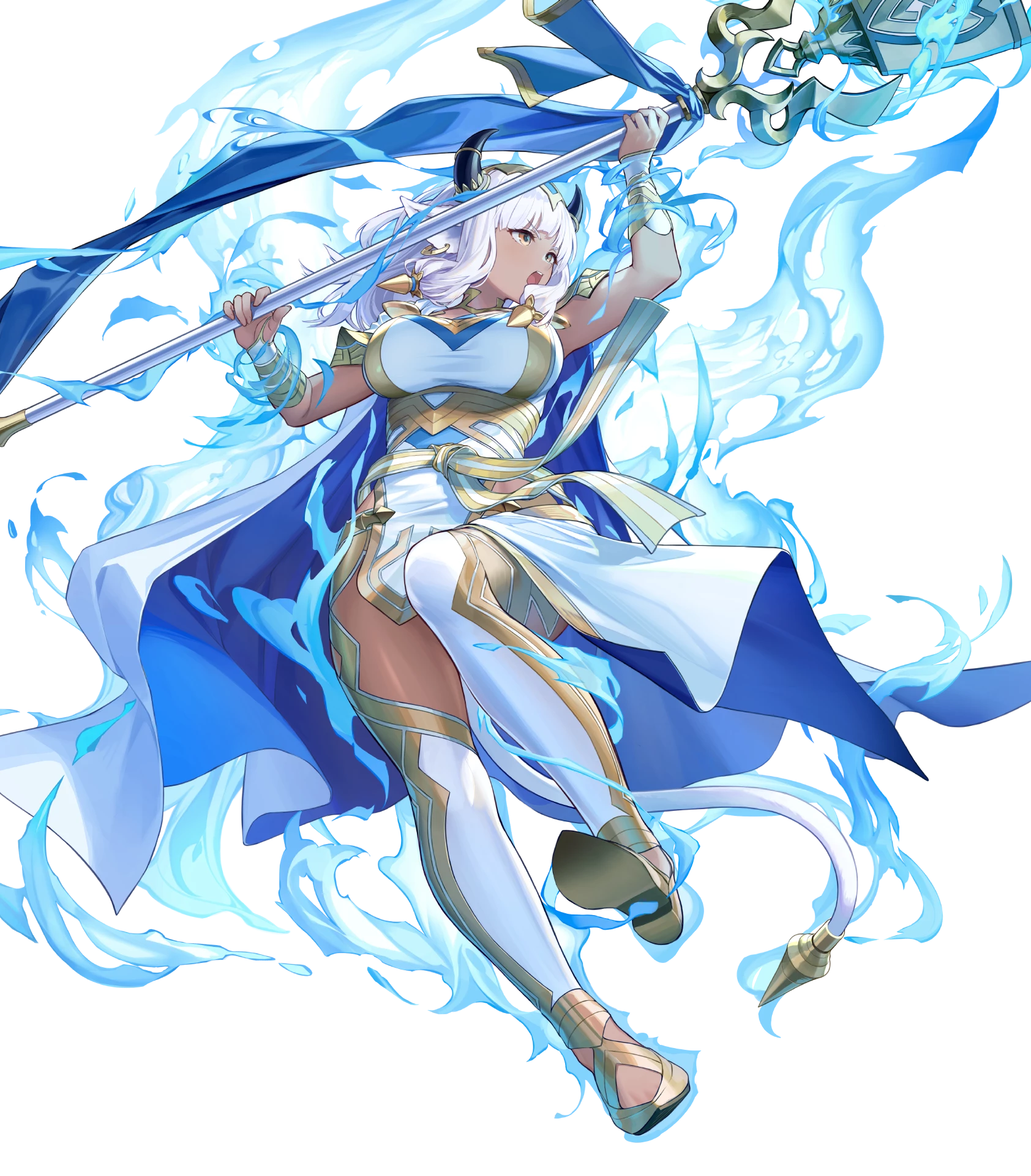 ash (fire emblem), fire emblem, fire emblem heroes, nintendo, highres, non-web source, official art, 1girl, animal ears, ass, attack, aura, blue cape, breasts, cape, capelet, cow ears, cow girl, cow horns, cow tail, dark-skinned female, dark skin, gold trim, holding, holding staff, horns, large breasts, official alternate costume, open mouth, solo, staff, tail, two-sided cape, two-sided fabric, white capelet, white hair, yellow eyes