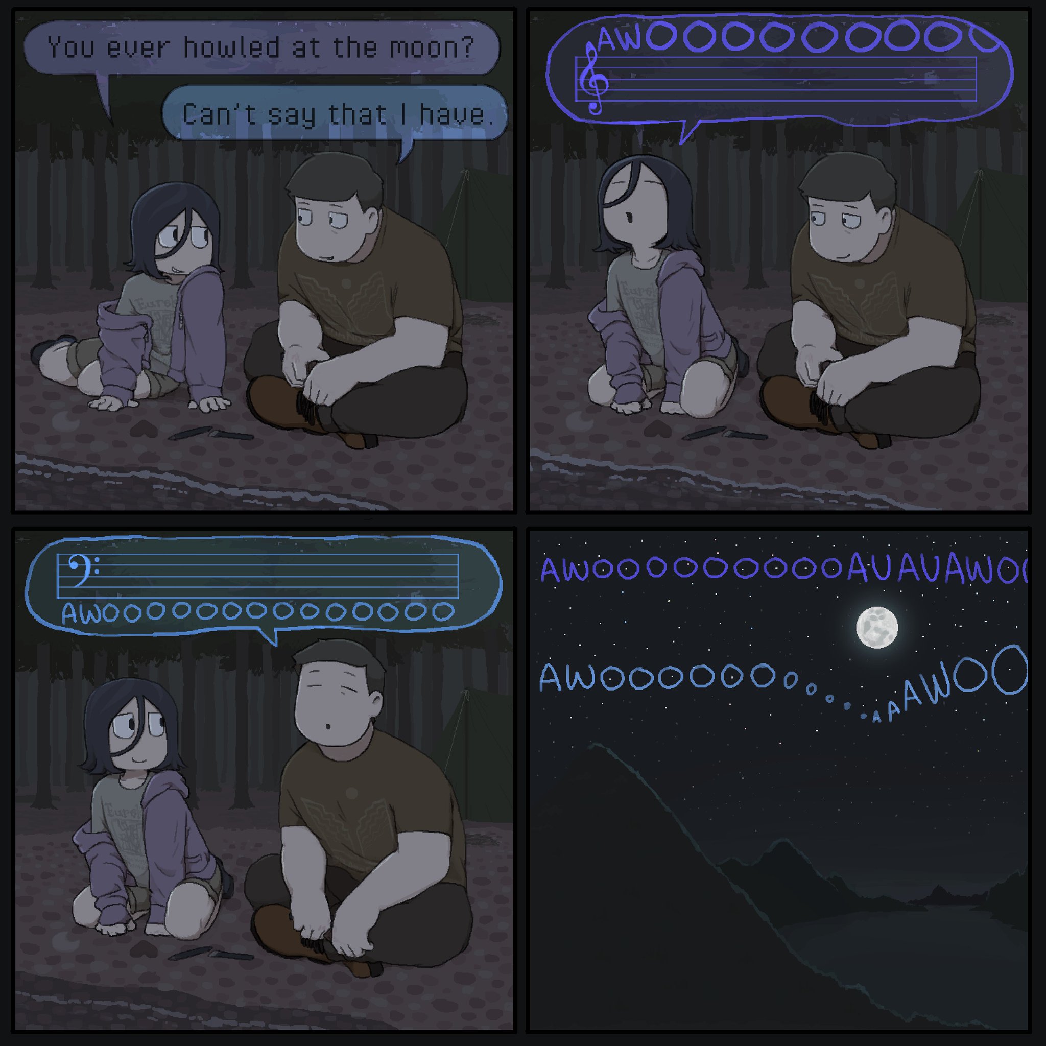 homunculus100, angel martinez, lee smith, clinical trial (game), 1boy, 1girl, closed eyes, forest, howling, imitating, lake, looking at another, moon, music sheet, musical note, nature, night, night sky, on ground, sitting, sky, speech bubble, tree, water