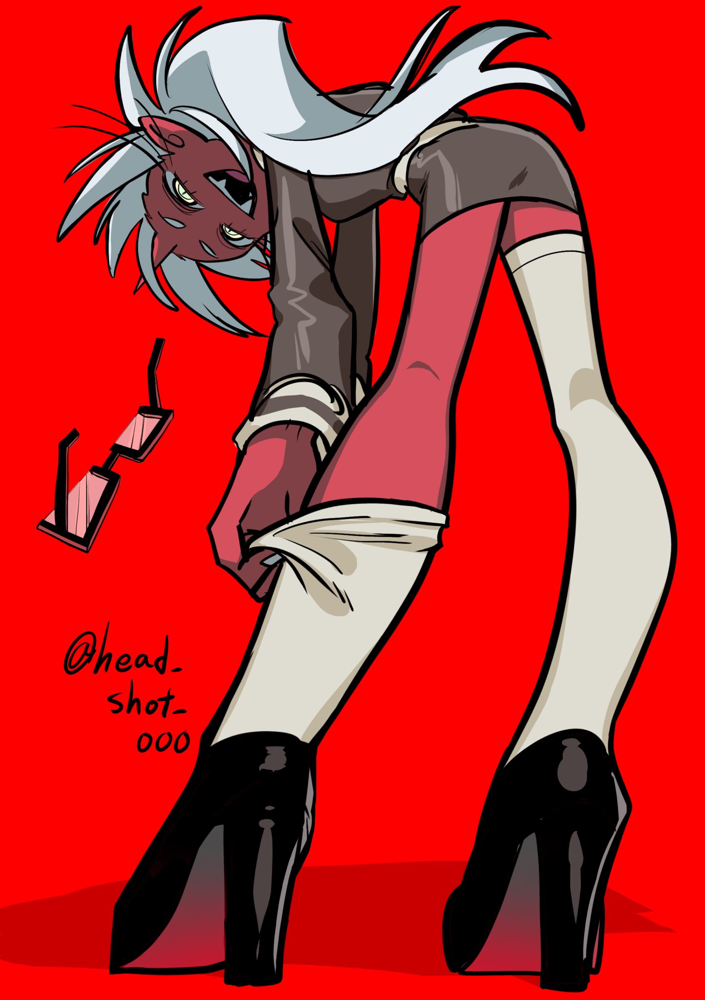 kneesocks (psg), panty & stocking with garterbelt, black footwear, ass, blue hair, colored skin, demon girl, glasses, high heels, horns, long hair, panties, red skin, shoes, single horn, skirt, thighhighs, underwear