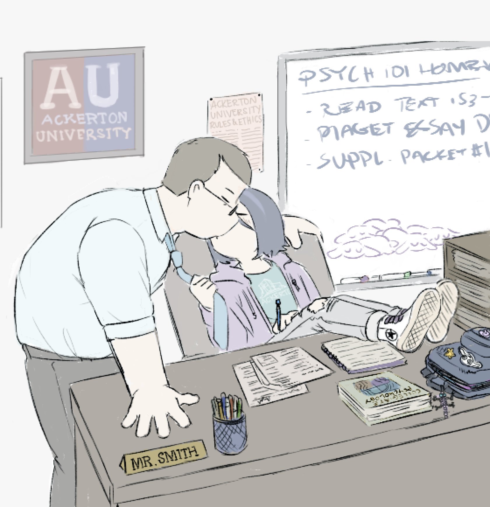 homunculus100, angel martinez, lee smith, clinical trial (game), 1boy, 1girl, backpack, bag, blush, book, classroom, closed eyes, converse shoes, denim, desk, feet on table, glasses, hand on table, jeans, kiss, name tag, necktie, pants, paper, pulling another's clothes, pulling at clothes, teacher and student, torn clothes, torn jeans, torn pants, undoing another's necktie, whiteboard
