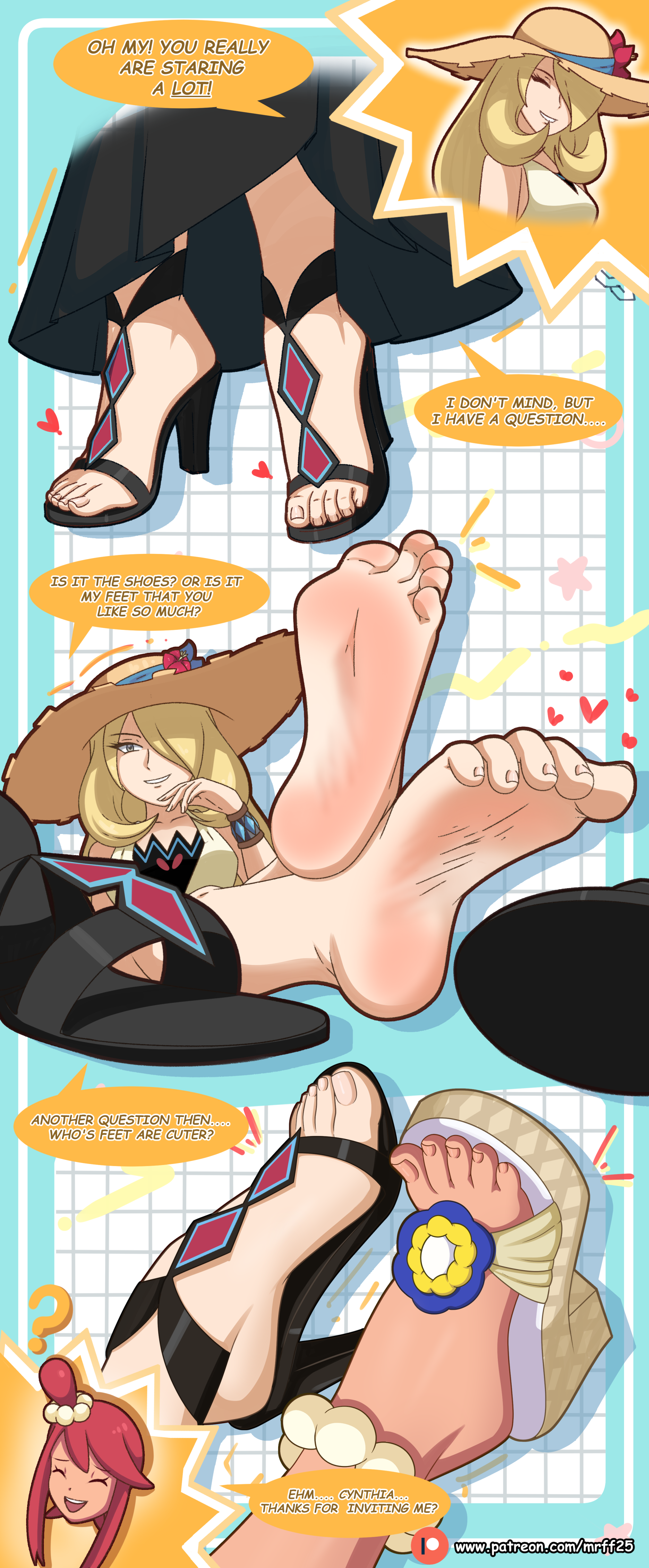 mrff25, cynthia (pokemon), cynthia (summer 2025) (pokemon), skyla (pokemon), skyla (summer 2025) (pokemon), nintendo, pokemon, pokemon masters ex, absurdres, highres, 2girls, :d, ^ ^, barefoot, black skirt, blonde hair, bracelet, breasts, closed eyes, english text, feet, flower, foot focus, grey eyes, grin, hat, hat flower, high heels, jewelry, multiple girls, multiple views, official alternate costume, open mouth, red hair, sandals, skirt, smile, soles, speech bubble, sun hat, tan, toe scrunch, toes
