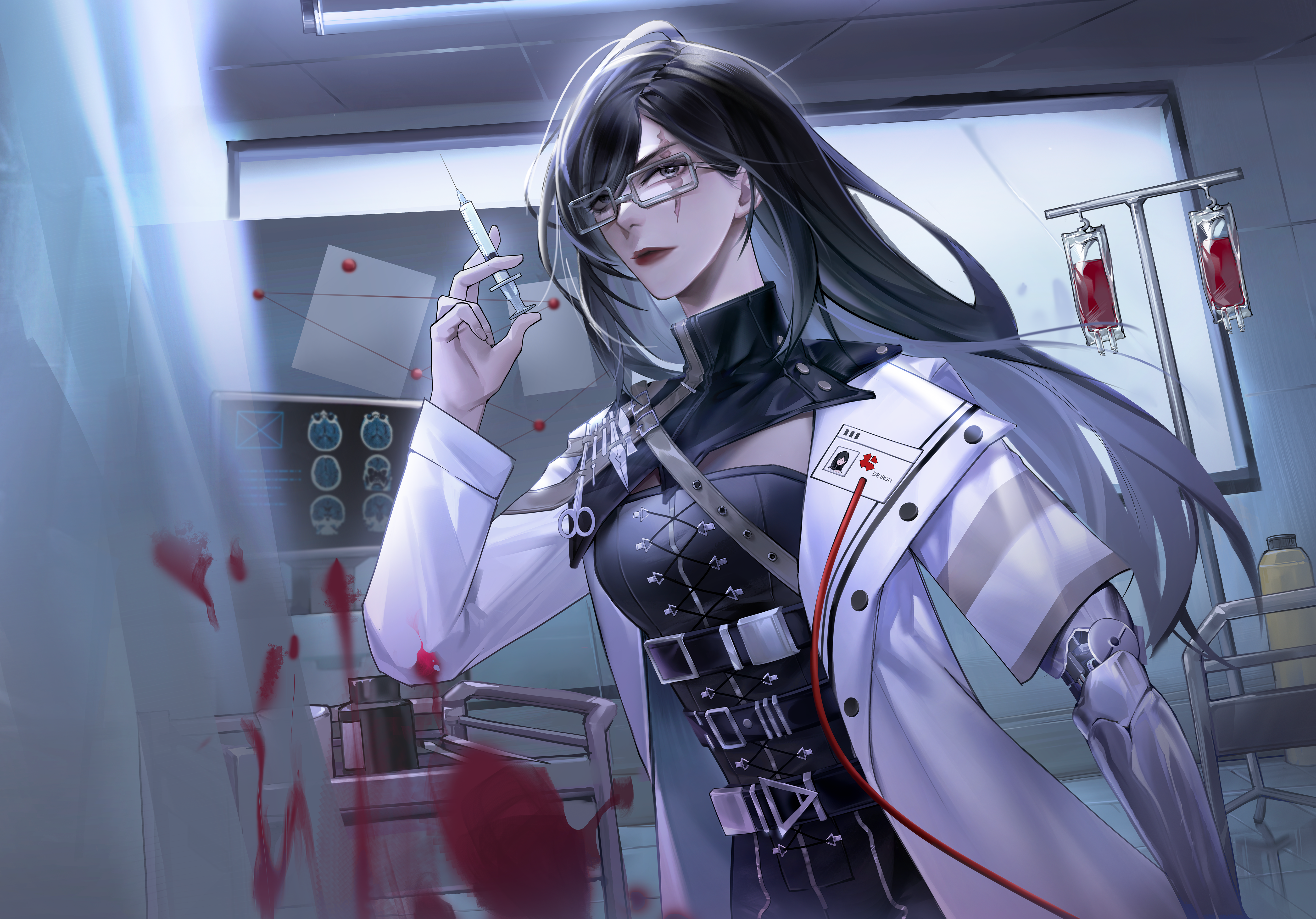 iron (path to nowhere), path to nowhere, absurdres, highres, 1girl, a ghost (dission), armor, asymmetrical sleeves, belt, belt buckle, black belt, black collar, black hair, black pants, black tube top, blood, blood bag, blood splatter, bottle, buckle, bulletin board, ceiling, ceiling light, chest belt, closed mouth, collar, colored inner hair, cowboy shot, cross-laced clothes, cross-laced top, detached collar, doctor, expressionless, eyelashes, glass, glasses, grey-framed eyewear, grey eyes, grey hair, holding, holding syringe, hospital, indoors, intravenous drip, lab coat, lipstick, long hair, long sleeves, looking at viewer, makeup, mechanical arms, medicine, mismatched sleeves, multicolored hair, multiple belts, name tag, pants, pauldrons, red lips, scar, scar across eye, scar on face, short sleeves, shoulder armor, single mechanical arm, single pauldron, solo, standing, strapless, striped clothes, striped pants, striped sleeves, swept bangs, syringe, tile ceiling, tiles, tube top, turtleneck, two-tone hair, vertical-striped clothes, vertical-striped pants, very long hair, window