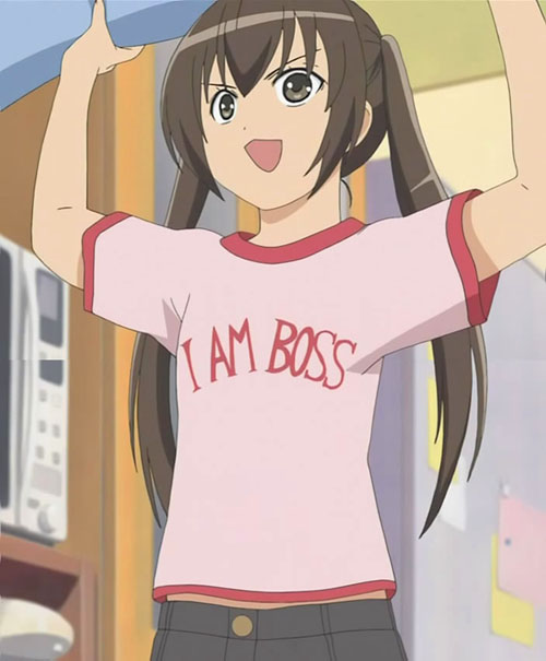 minami kana, minami-ke, stitched, third-party edit, 00s, 1girl, brown hair, female focus, i am boss, indoors, long hair, open mouth, shirt, short sleeves, short twintails, solo, standing, t-shirt, twintails