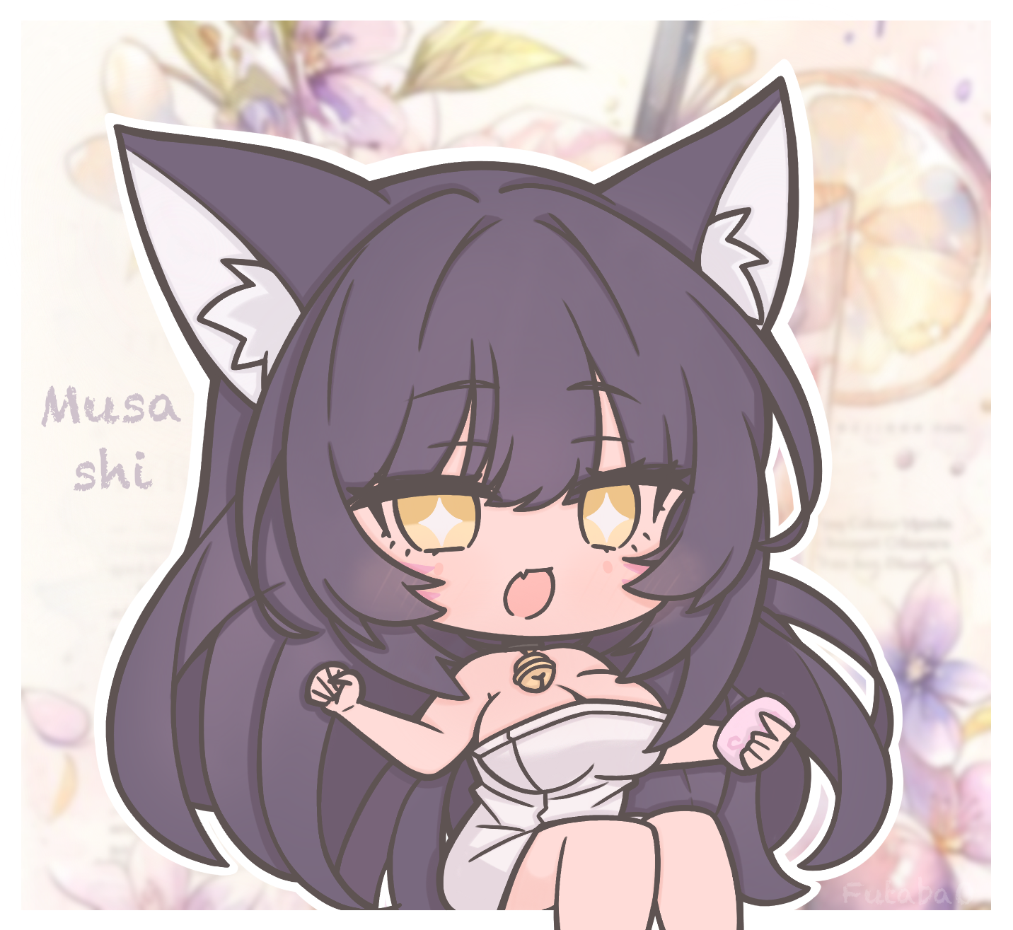 futaba (anti clockwise), musashi (azur lane), azur lane, commentary, highres, symbol-only commentary, + +, 1girl, ai-generated background, animal ear fluff, animal ears, artist name, bare arms, bare legs, bare shoulders, black hair, blurry, blurry background, blush, border, breasts, character name, chibi, chibi only, cleavage, facial mark, fang, flower, fox ears, fox girl, holding soap, large breasts, long hair, naked towel, open mouth, outside border, sitting, skin fang, solo, thighs, towel, very long hair, whisker markings, white border, yellow eyes