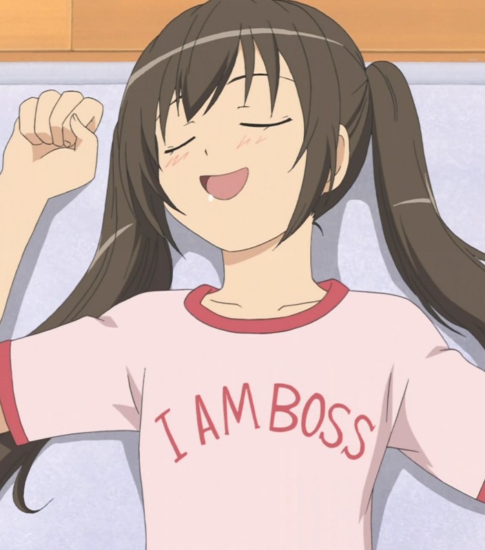 minami kana, minami-ke, stitched, third-party edit, 00s, 1girl, brown hair, closed eyes, drooling, female focus, flat chest, happy, i am boss, open mouth, shirt, short sleeves, short twintails, sleeping, solo, t-shirt, twintails, upper body