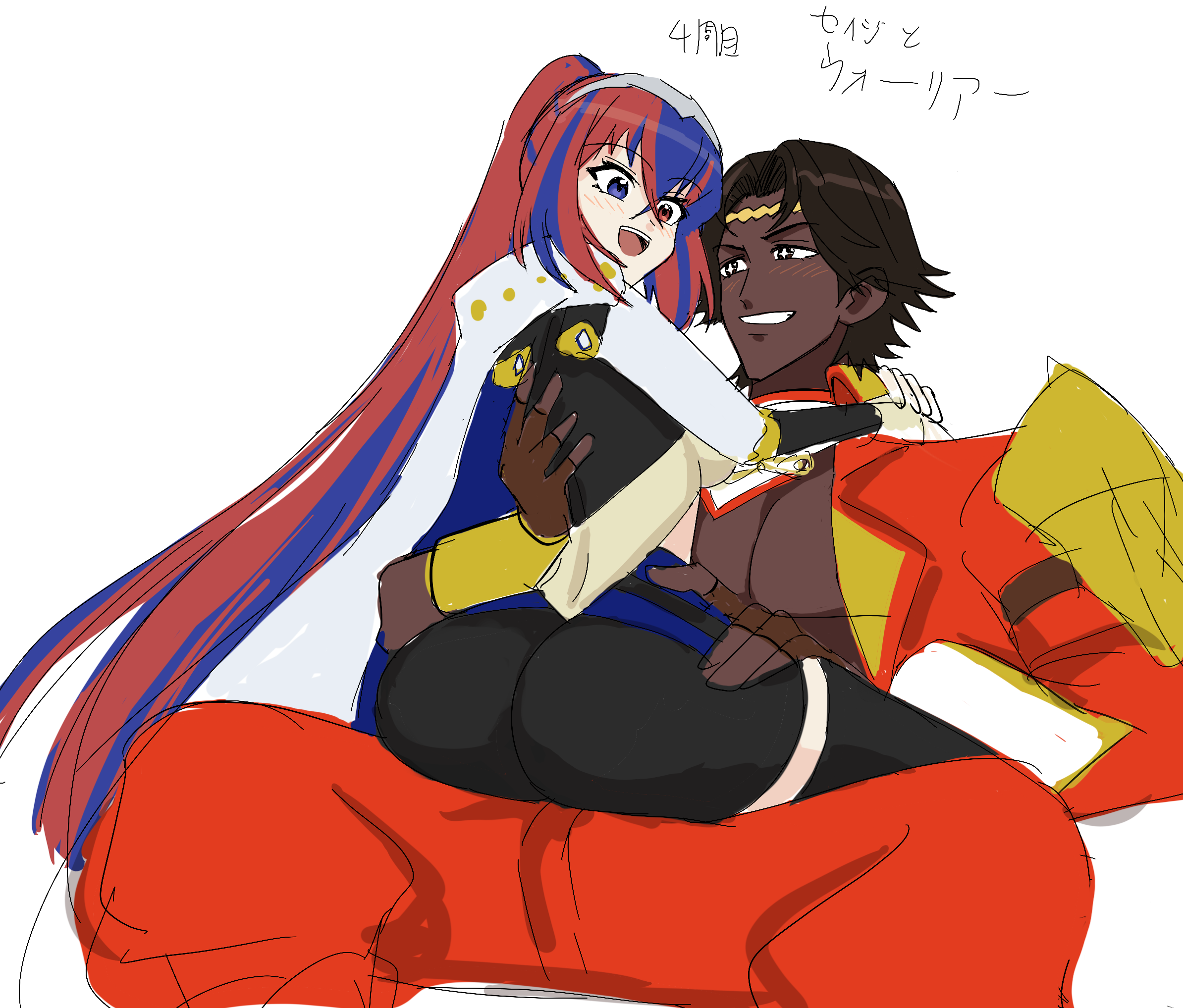 female alear (fire emblem), fogado (fire emblem), fire emblem, fire emblem engage, nintendo, highres, 1boy, 1girl, black bridal gauntlets, black leggings, blue hair, braid, bridal gauntlets, crossed bangs, crown braid, dark-skinned male, dark skin, heterochromia, leggings, looking at another, multicolored hair, oolongtea 123, red hair, sage outfit (fire emblem engage), split-color hair, tiara, two-tone hair