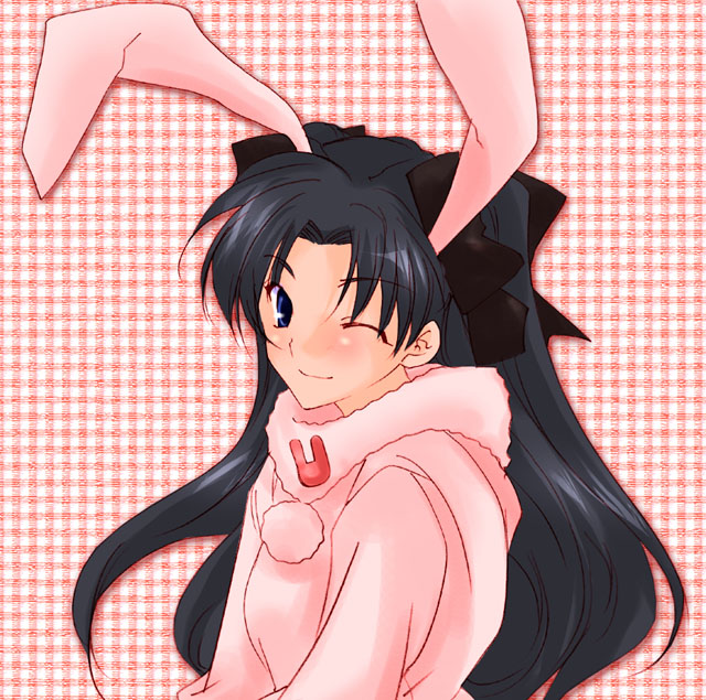 tohsaka rin, fate/stay night, fate (series), type-moon, 00s, 1girl, animal ears, blush, bow, female focus, long hair, rabbit ears, solo, sweater, twintails
