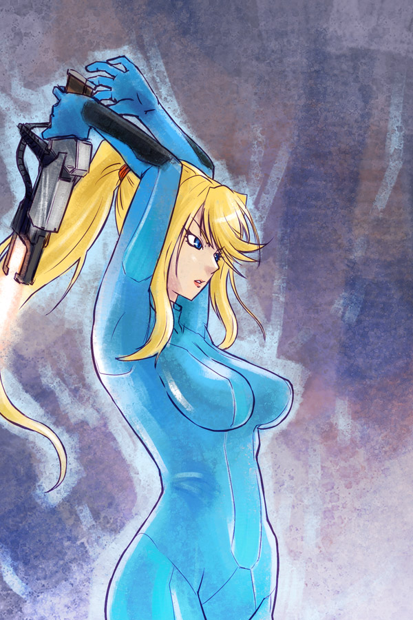 michael f91, samus aran, metroid, metroid: zero mission, nintendo, 1girl, blonde hair, blue bodysuit, blue eyes, bodysuit, breasts, female focus, gun, large breasts, latex, long hair, ponytail, shiny clothes, skin tight, solo, spandex, tsurime, weapon, zero suit