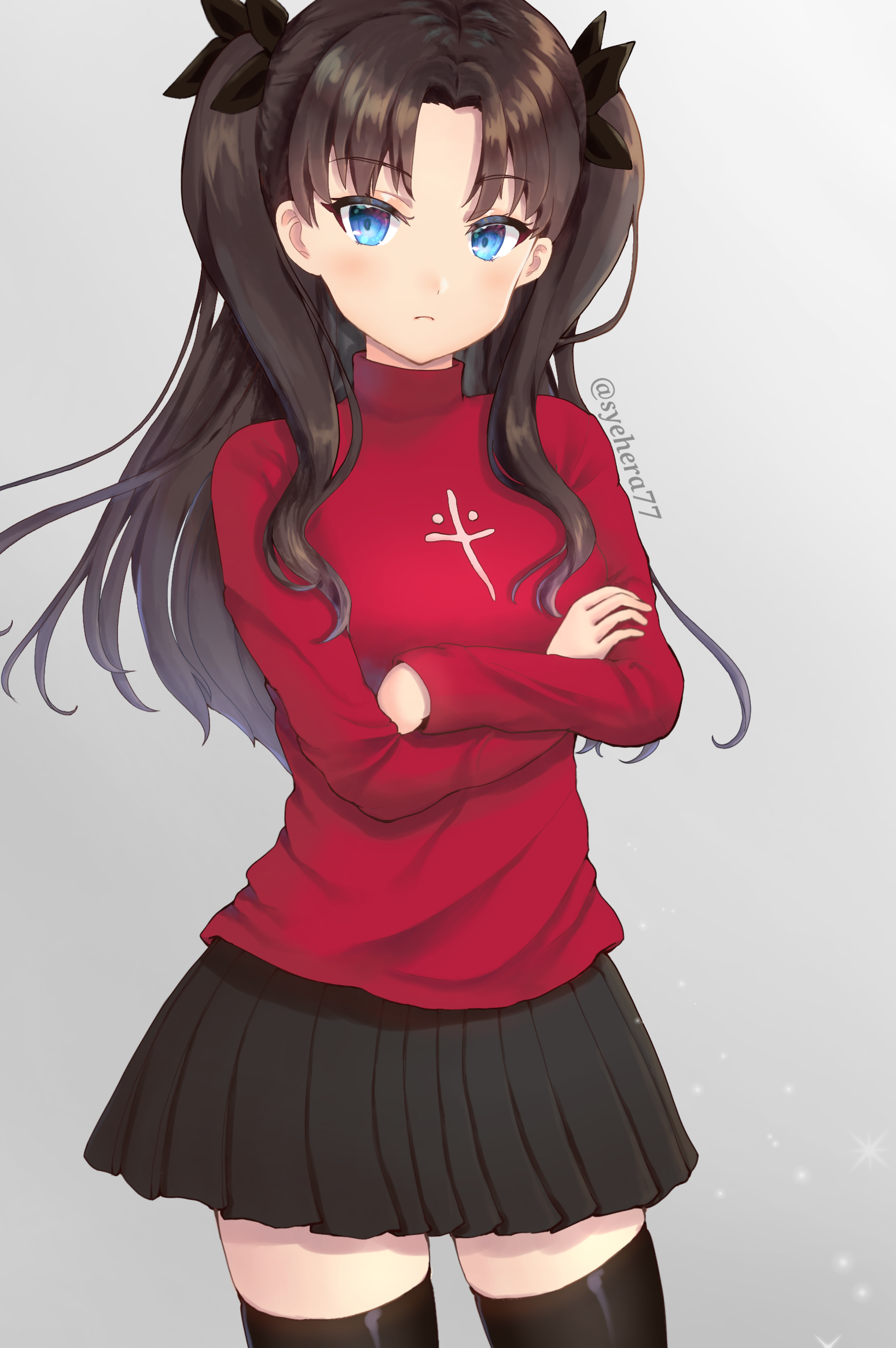 syehera77, tohsaka rin, fate/stay night, fate (series), commentary request, highres, 1girl, black hair, black skirt, black thighhighs, blue eyes, breasts, brown hair, closed mouth, cowboy shot, crossed arms, long hair, miniskirt, red sweater, skirt, solo, standing, sweater, thighhighs, turtleneck, turtleneck sweater, two side up, very long hair, zettai ryouiki