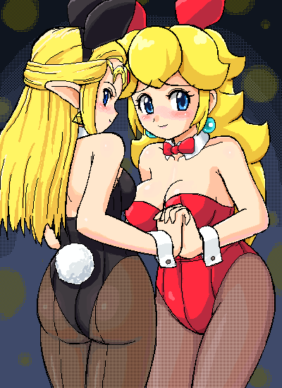 konpeto, mario, princess peach, princess zelda, custom, mario (series), nintendo, super mario bros. 1, super smash bros., the legend of zelda, the legend of zelda: ocarina of time, 2girls, alternate costume, animal costume, animal ears, ass, back, bare arms, bare shoulders, black leotard, blonde hair, blue eyes, blush, breasts, cleavage, closed mouth, detached collar, earrings, elf, fake animal ears, hair flaps, half updo, holding hands, huge ass, interlocked fingers, jewelry, leotard, looking at viewer, looking back, multiple girls, nervous, oekaki, pantyhose, playboy bunny, pointy ears, rabbit ears, rabbit tail, red leotard, smile, strapless, strapless leotard, tail, wrist cuffs