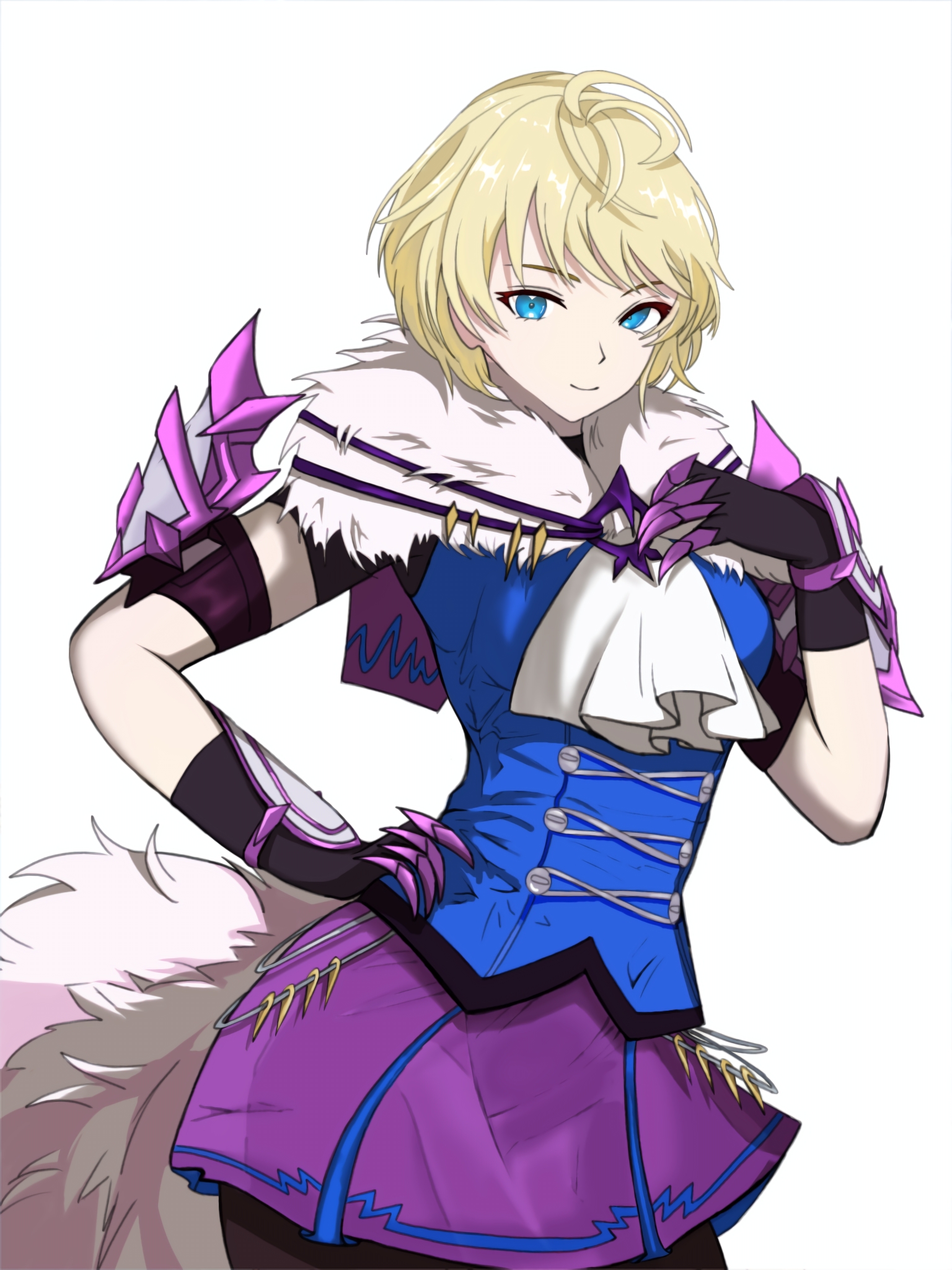 matchanosuke fe, merrin (fire emblem), fire emblem, fire emblem engage, nintendo, highres, 1girl, ahoge, ascot, blonde hair, blue eyes, blue shirt, fur trim, hand on own hip, looking at viewer, pelt, shirt, short hair, shorts, shorts under skirt, smile, tail, white ascot, wolf tail