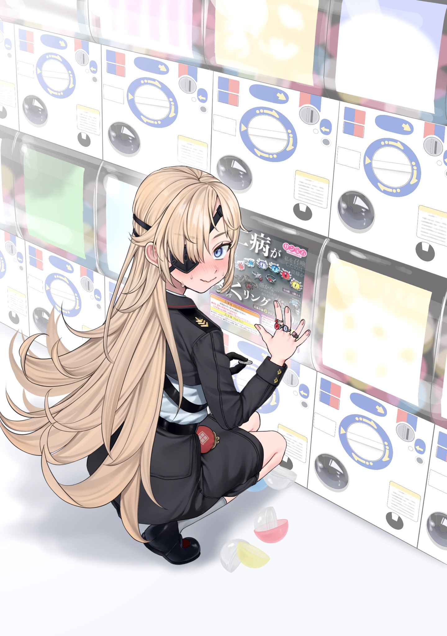 guillotine (nikke), goddess of victory: nikke, highres, 1girl, black dress, black gloves, black shoes, blonde hair, blue eyes, blush, closed mouth, coin, coin purse, dress, embarrassed, eyepatch, from above, gashapon, gloves, hair over one eye, hands up, holding, holding coin, jewelry, legs together, long hair, long sleeves, looking at viewer, military uniform, osssan3 sabu, ring, shirt, shoes, single glove, socks, squatting, sweat, vending machine, very long hair, wavy mouth, white shirt, white socks