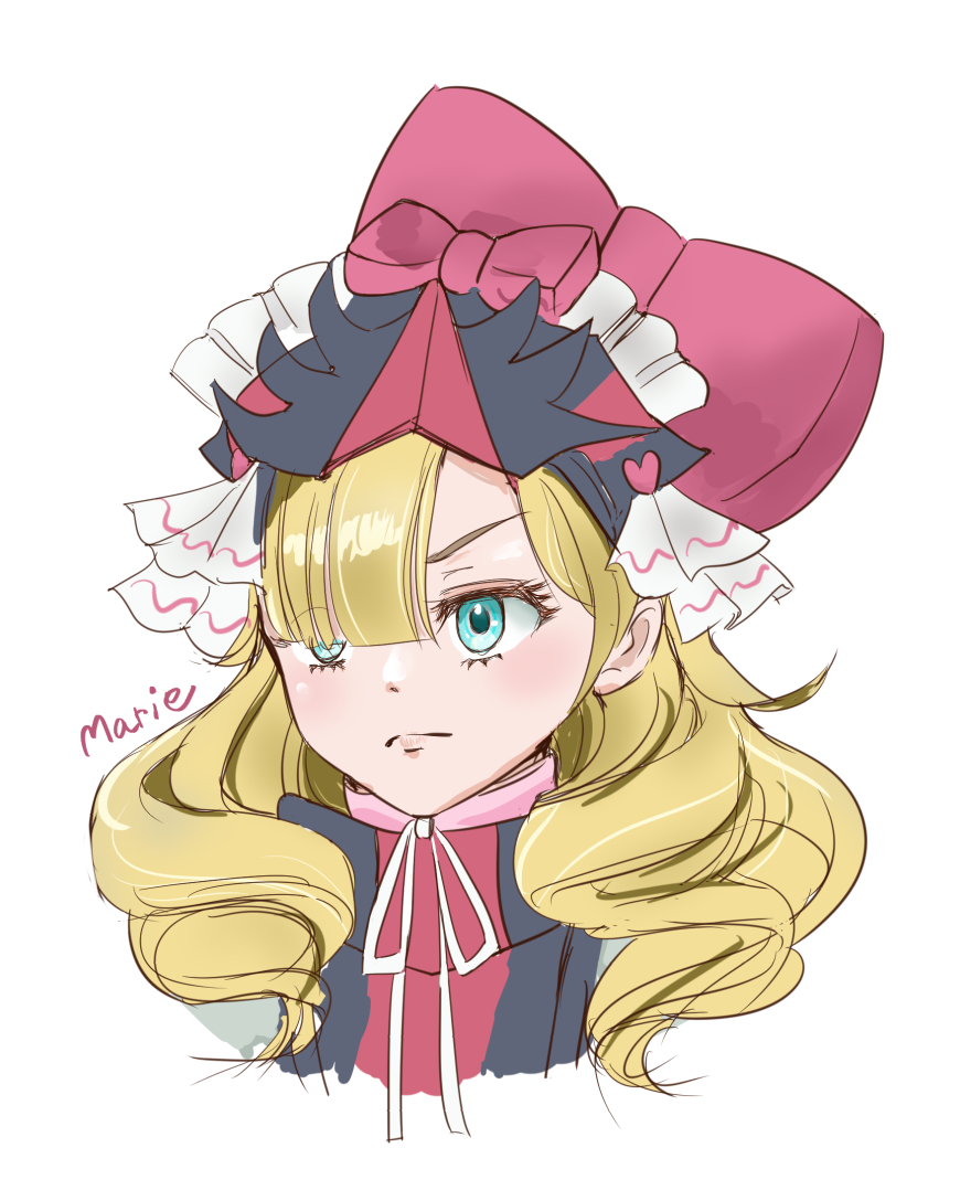 marie dqx, marni (fire emblem), fire emblem, fire emblem engage, nintendo, 1girl, artist name, asymmetrical bangs, blonde hair, blue eyes, bow, closed mouth, cropped torso, eyelashes, frilled headwear, hair over one eye, medium hair, red bow, solo, white background